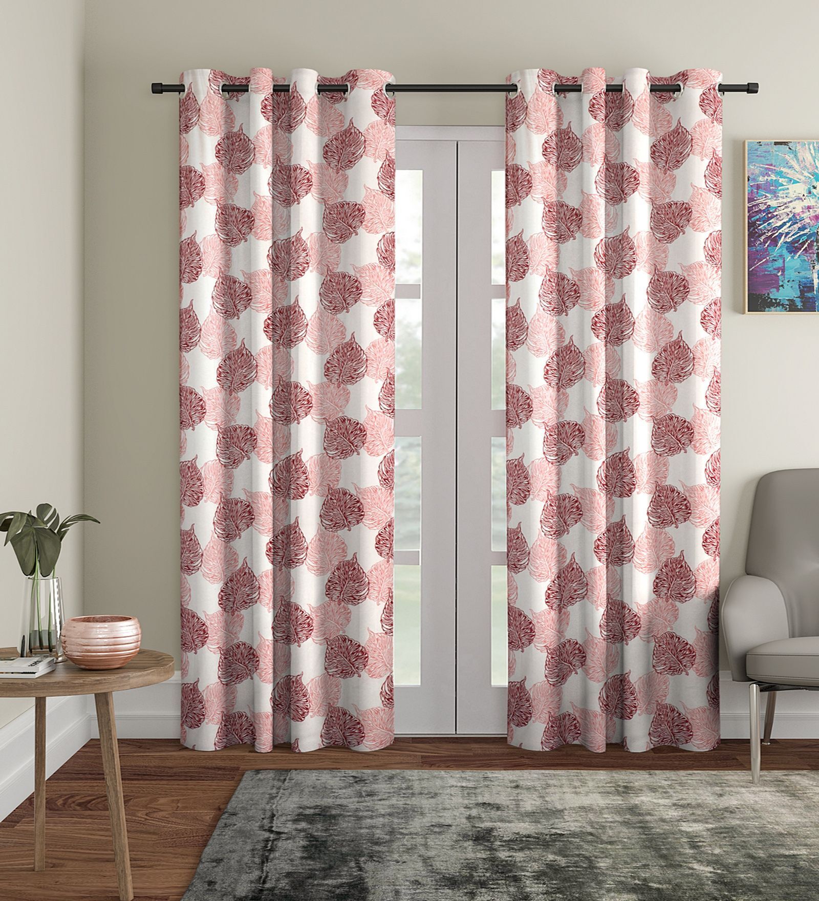 Pink Floral Polyester 9Ft Semisheer Eyelet Door Curtains (Set Of 2)