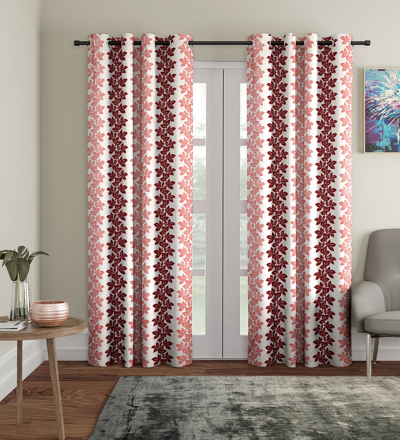 Pink Floral Polyester 9Ft Semisheer Eyelet Door Curtains (Set Of 2)