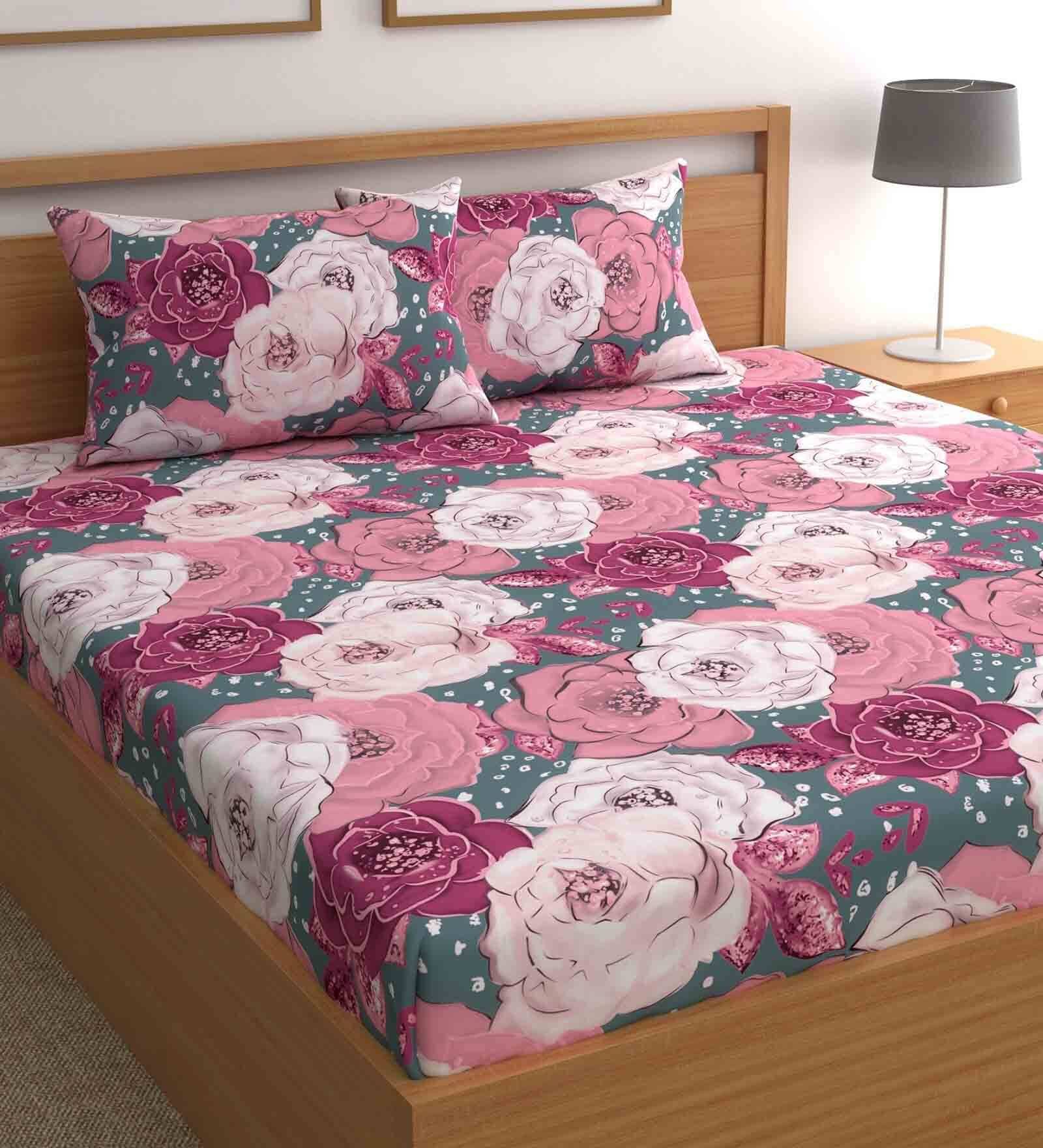 Pink Floral Bohemya 160 TC Microfiber Queen Sized Bedsheet with 2 Pillow Covers