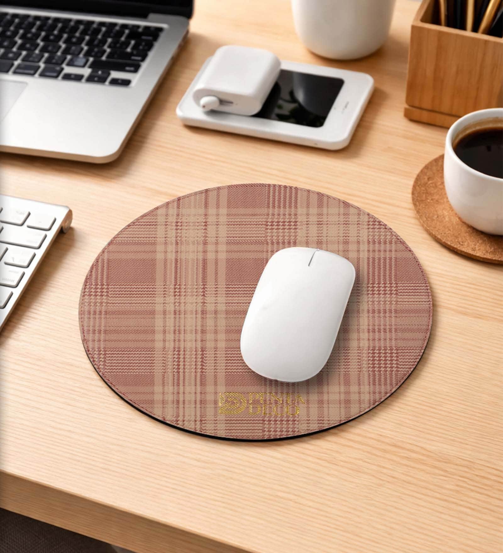 Pink Formal Checks Printed Leather Round Mousepad