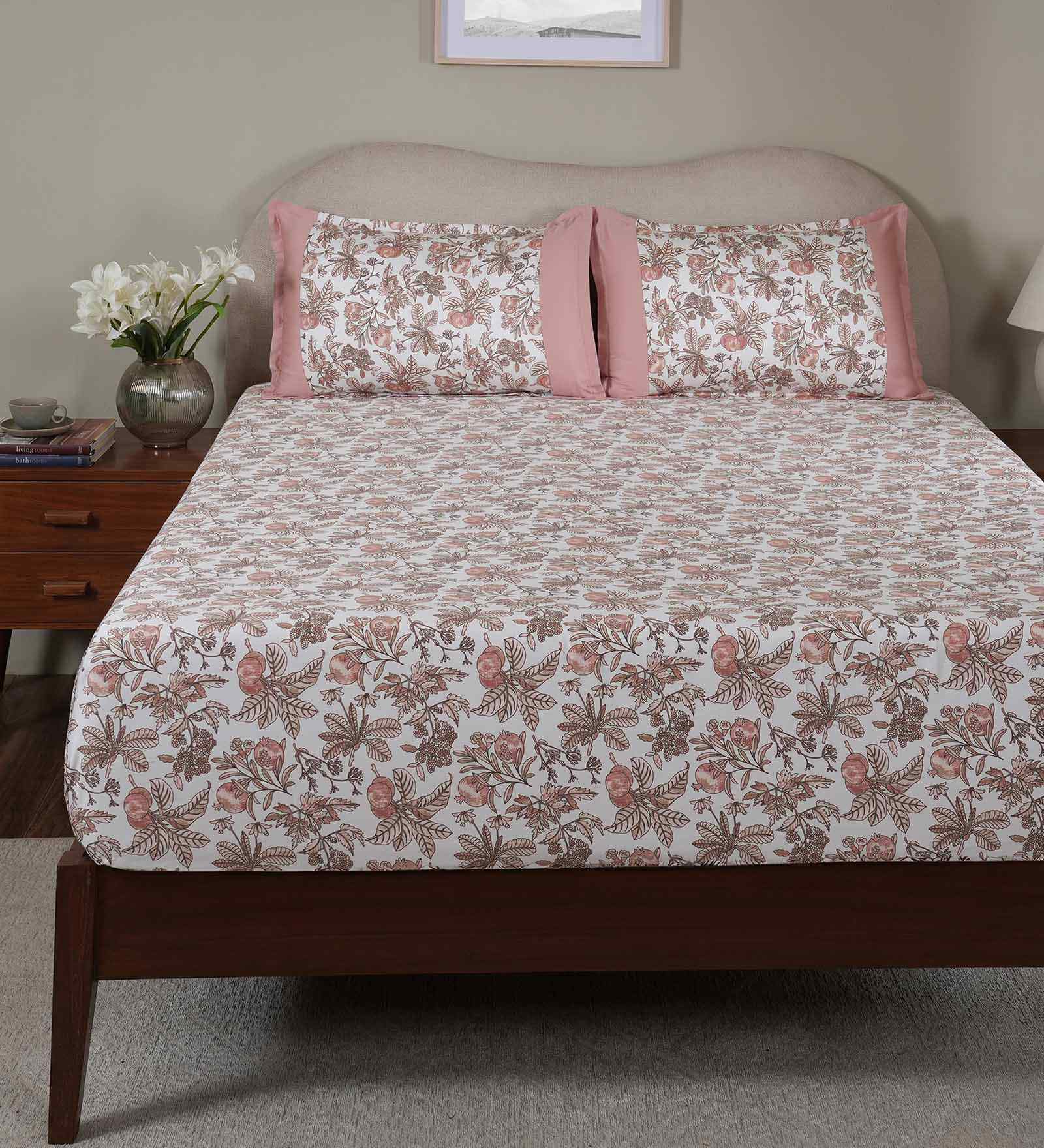 Pink Fruit Print 200 TC Cotton Double Bed Fitted Sheet with 2 Pillow Case Sensory Bloom Collection