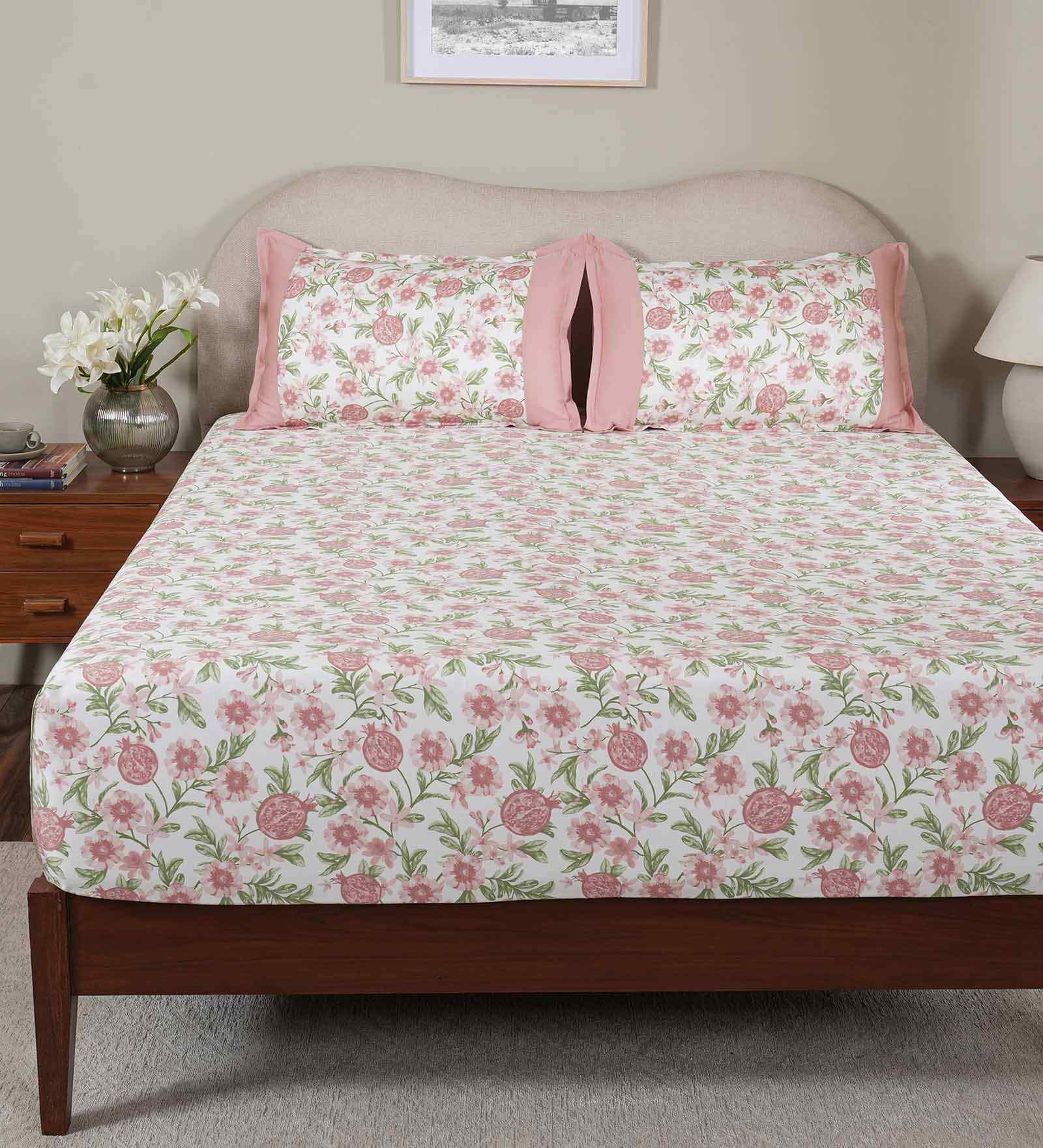 Pink Fruit Print 200 TC Cotton Double Bed Fitted Sheet with 2 Pillow Case Sensory Bloom Collection