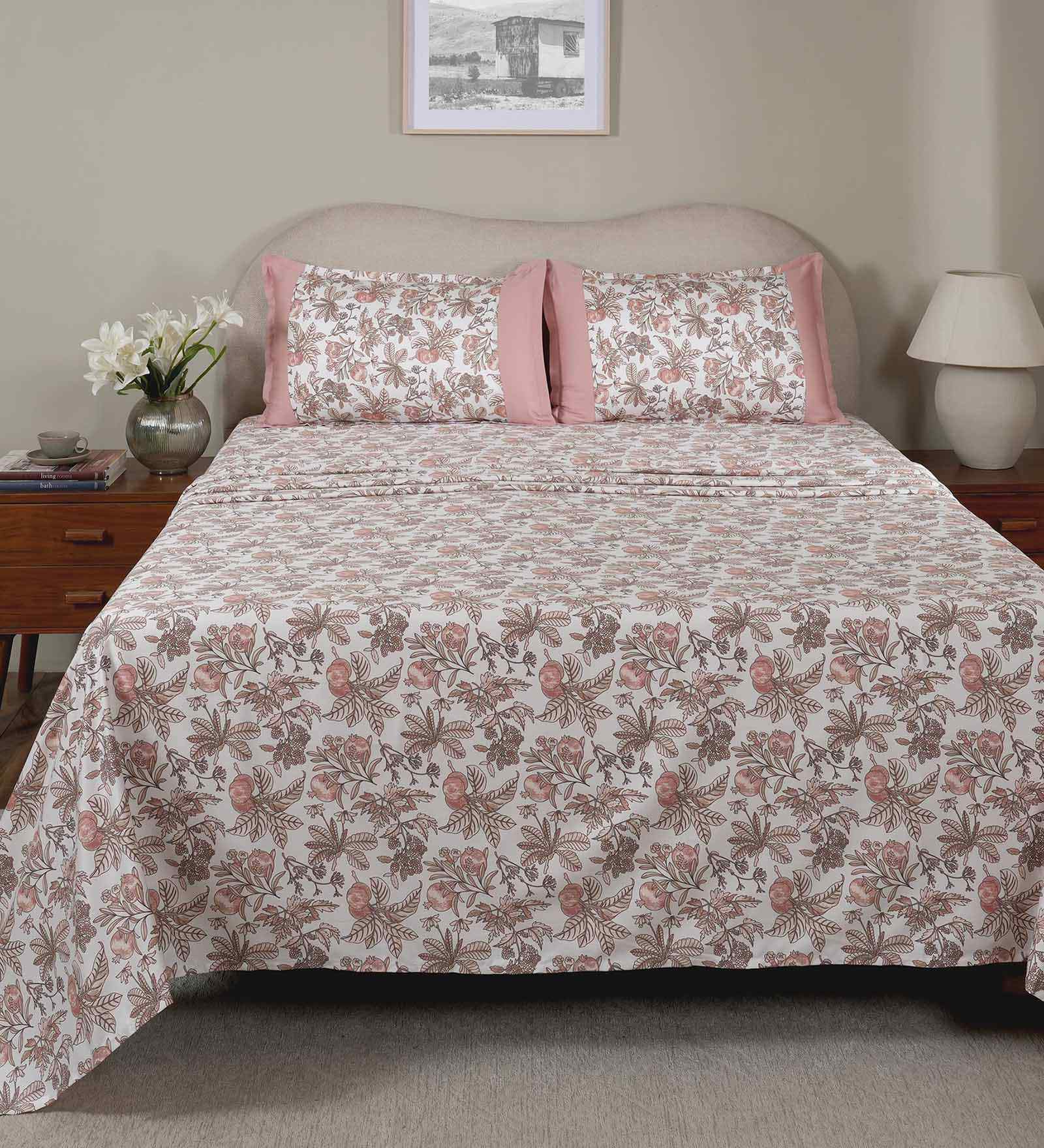 Pink Fruit Print 200 TC Cotton King Size Bed Sheet with 2 Pillow Covers Sensory Bloom Collection