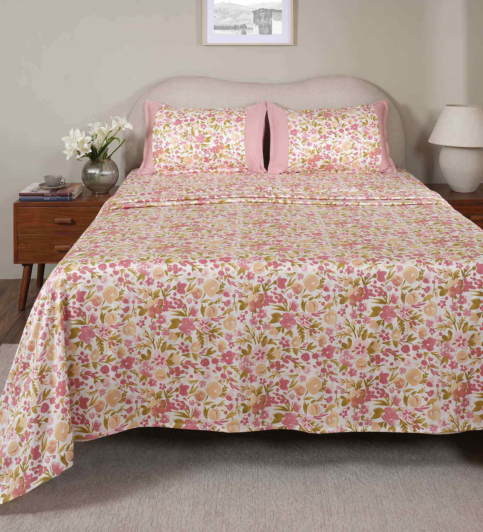 Pink Fruit Print 200 TC Cotton King Size Bed Sheet with 2 Pillow Covers Sensory Bloom Collection
