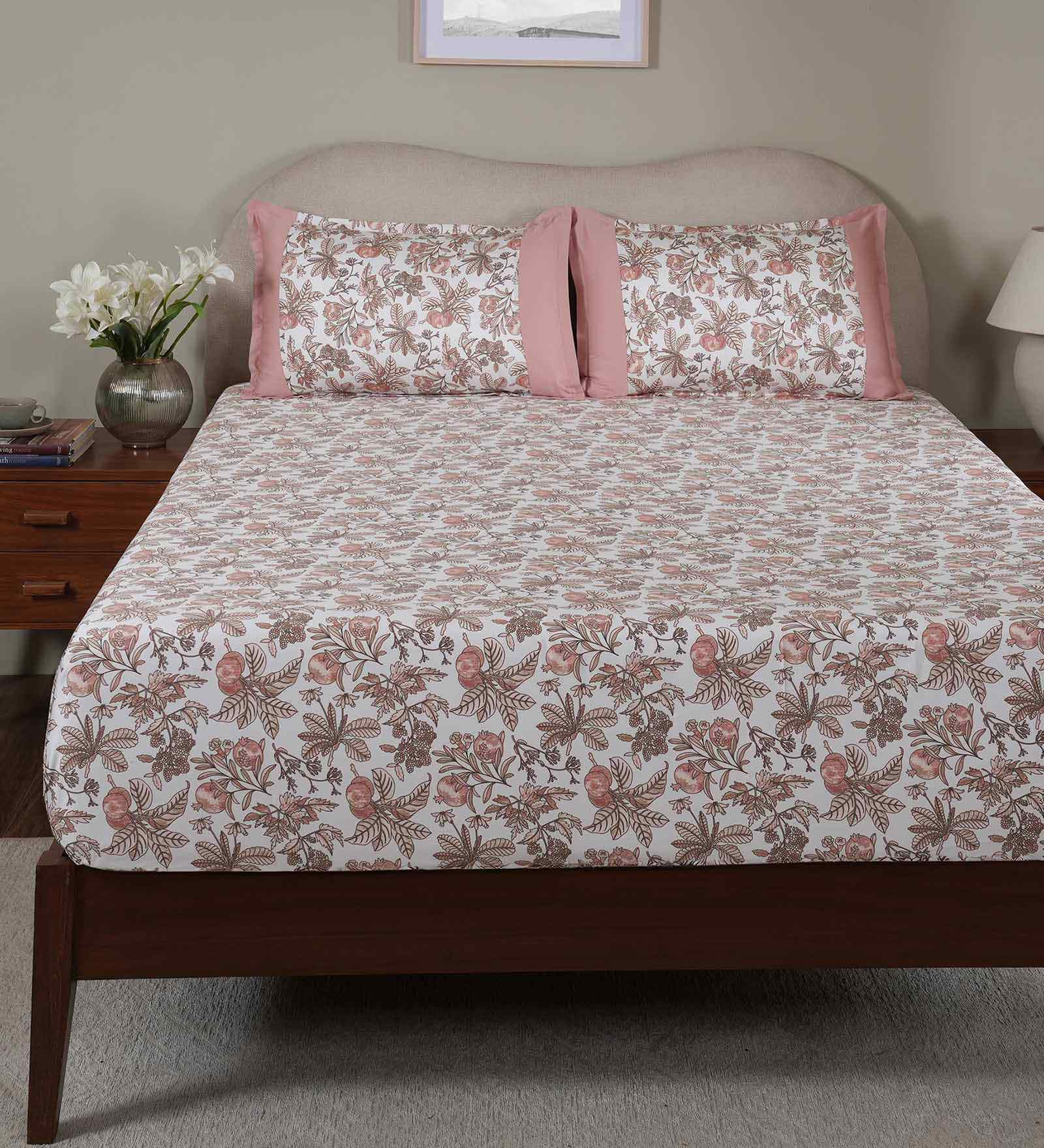 Pink Fruit Print 200 TC Cotton Single Bed Fitted Sheet with 1 Pillow Cover Sensory Bloom Collection
