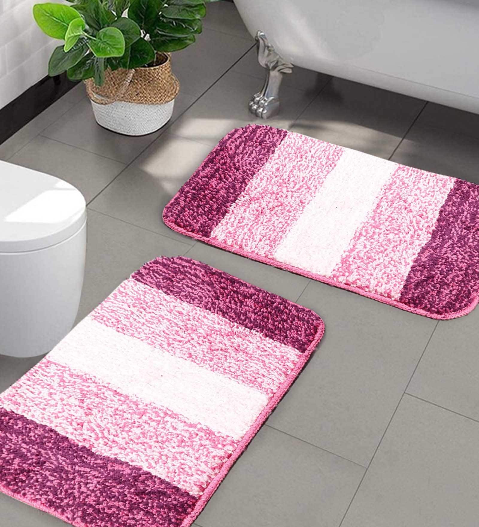 Pink Geometric Microfibre 20x14 Inches Anti Skid Bath Mats (Set of 2)