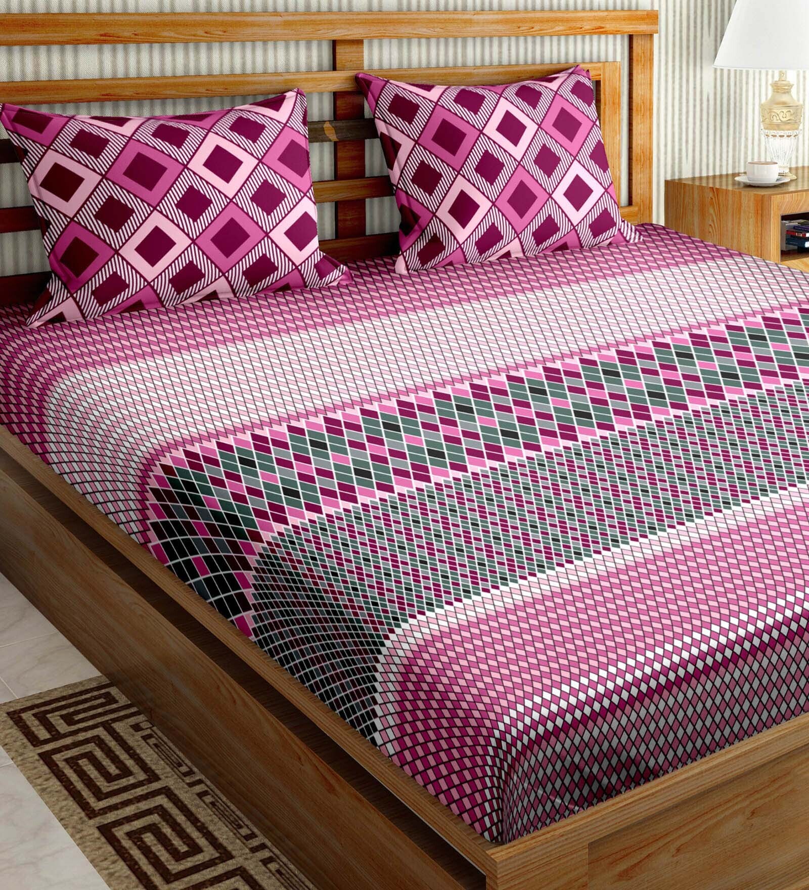 Pink Geometric 180 TC Cotton Super King Size Bedsheet with 2 Pillow Covers Oscar Collection Collection
