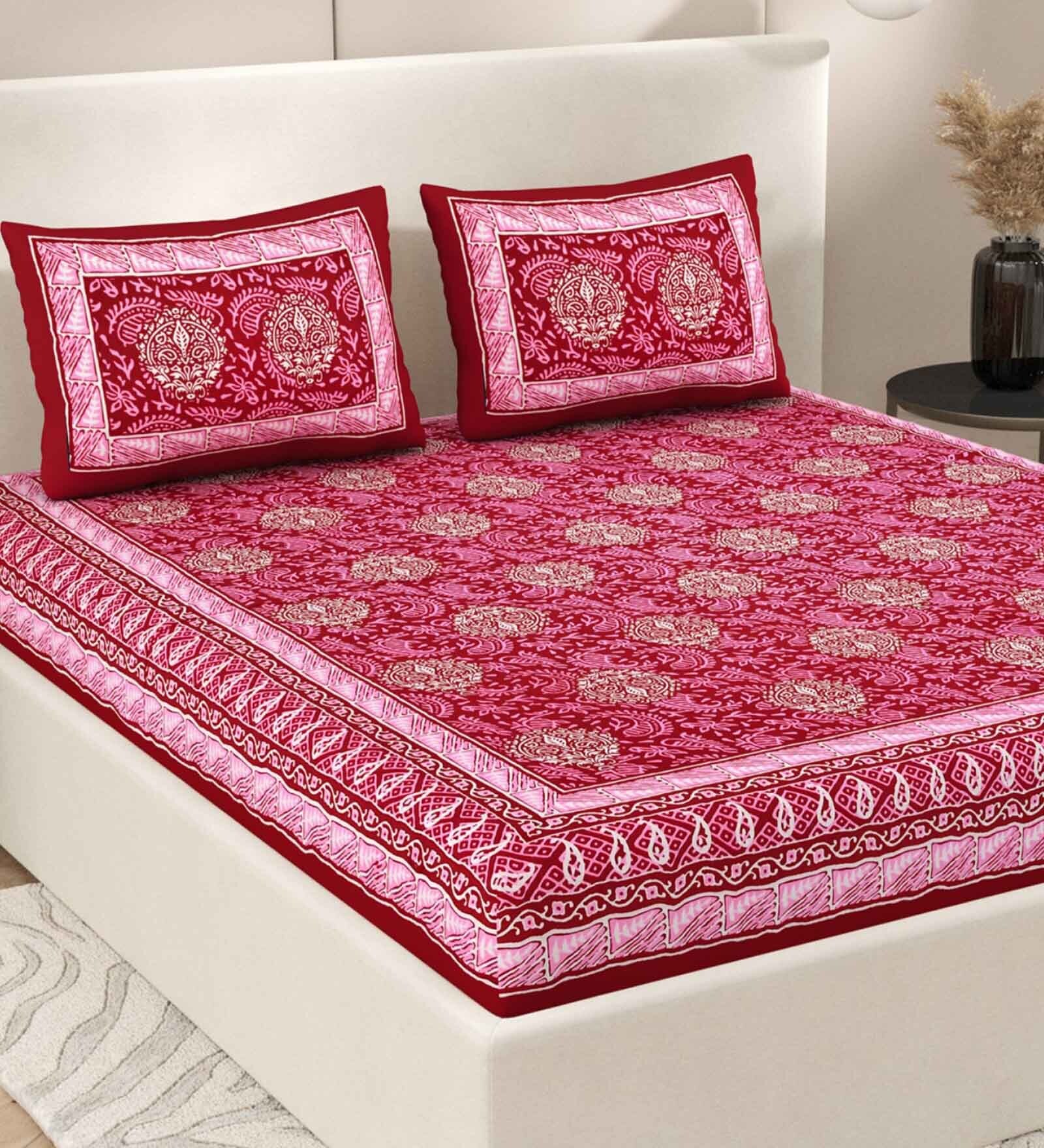 Pink Traditional 200 TC Cotton Double Queen Sized Bedsheet With 2 Pillow Covers