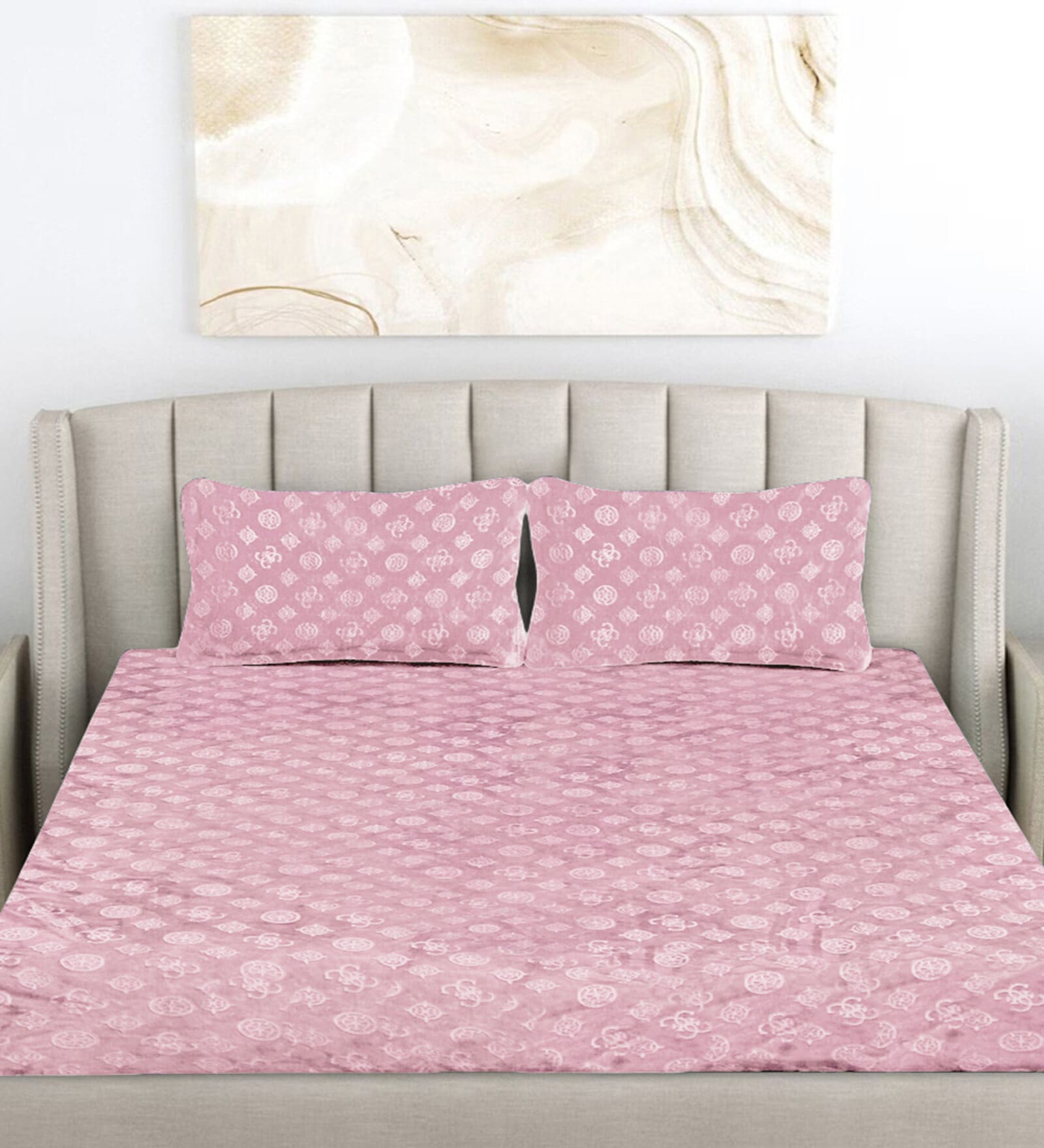 Pink Geometric 300 TC Woollen Fitted Double Bedsheet with 2 Pillow Covers
