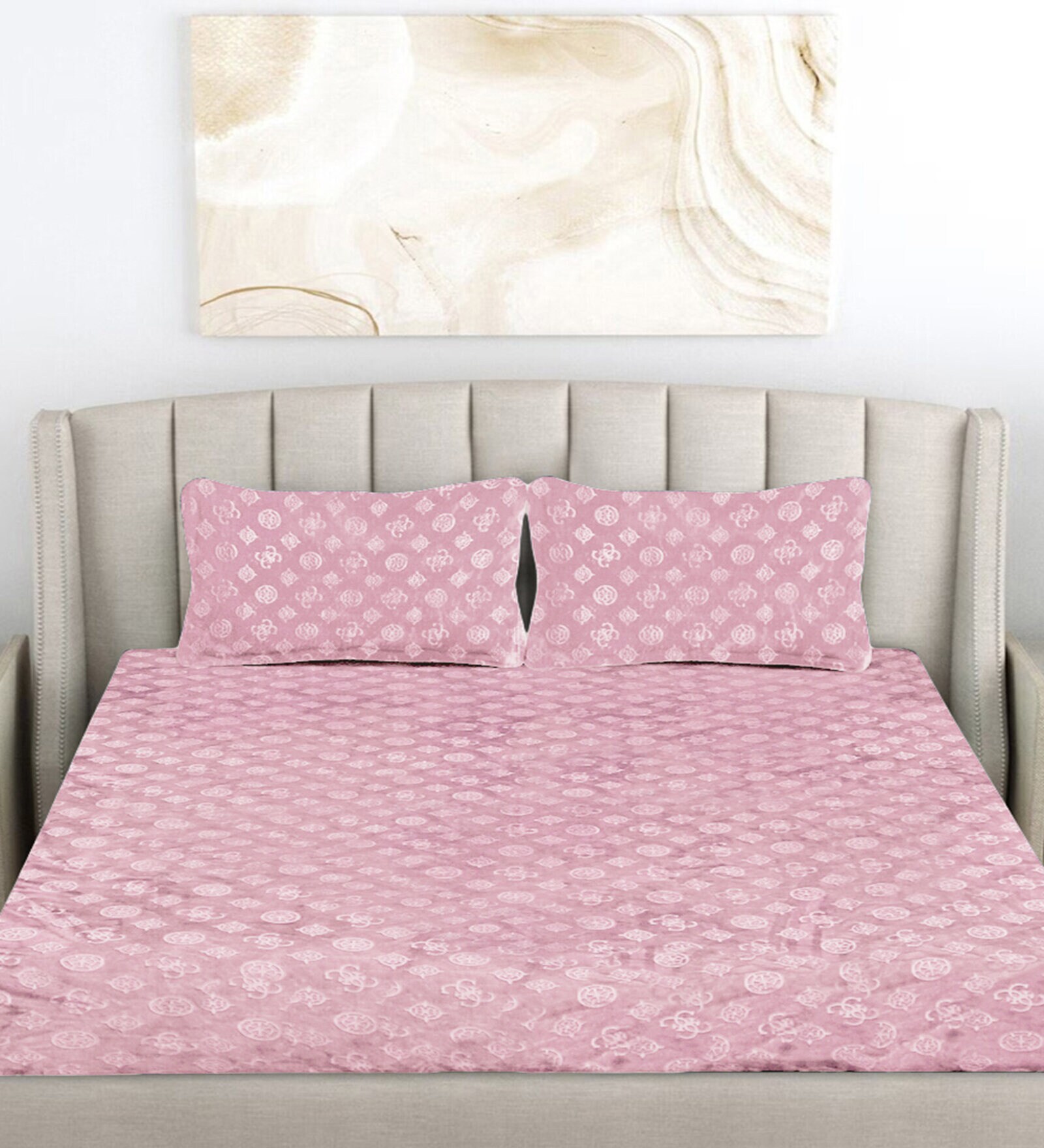 Buy Pink Geometric 300 TC Woollen Woollen Flat Double Bedsheet with 2