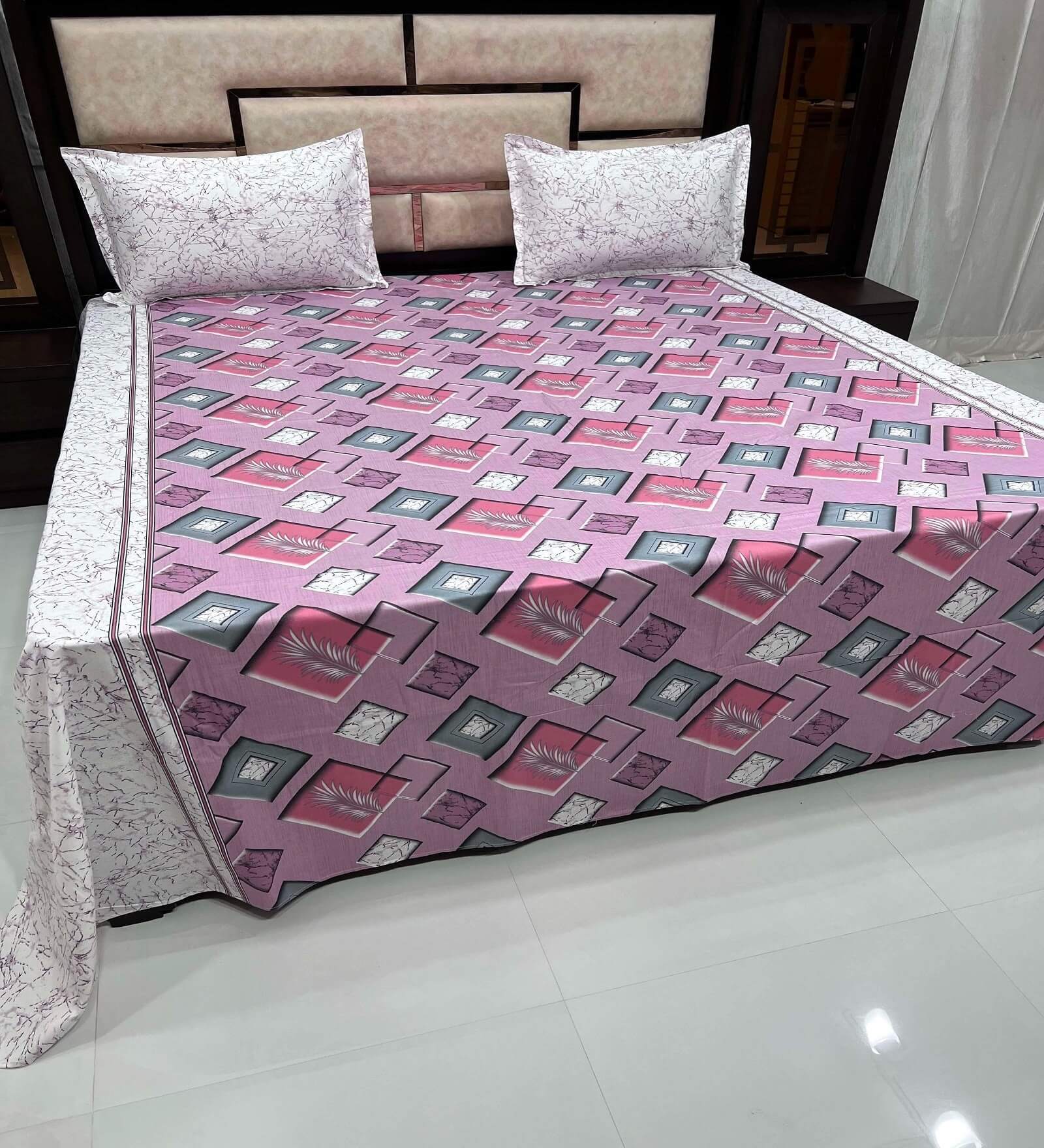 Buy Pink Geometric 400 TC 100 Cotton King Sized Bed Sheets with 2