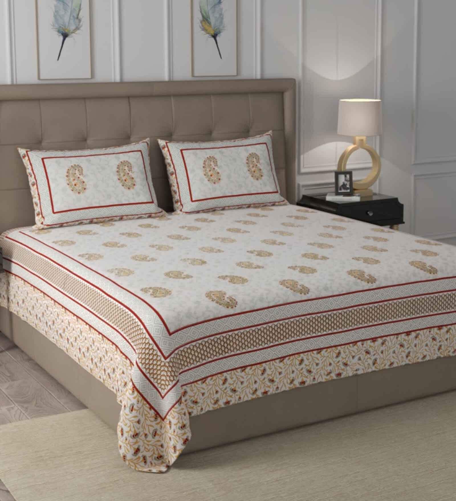 Brown Traditional 600 TC Cotton Double King Sized Bedsheet With 2 Pillow Covers