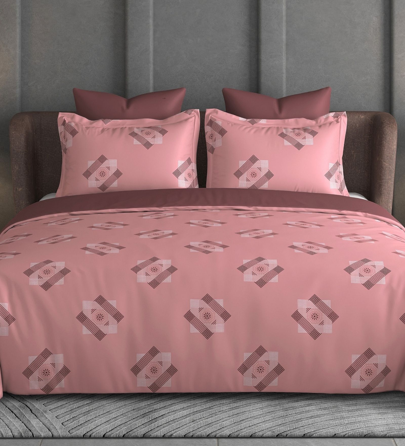 Pink Geometric 600TC Cotton Super King Sized Double Bedsheet with 2 Embroidery Pillow Covers