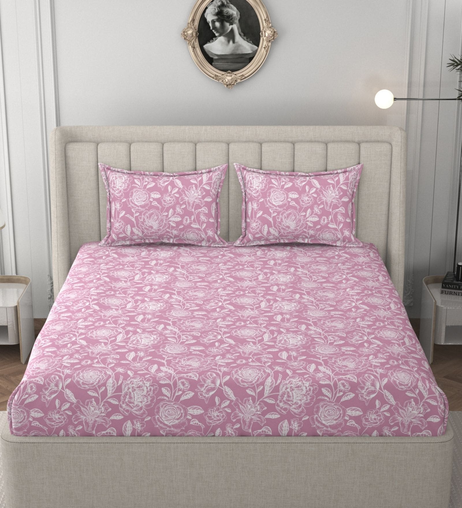 Pink Glace Cotton Floral Print Elastic Fitted King Bedsheet With 2 Pillow Covers
