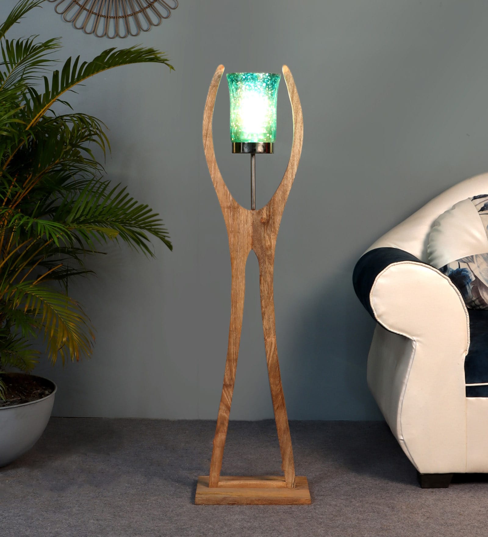 Green Glass Shade Novelty Floor Lamp With Glass & Wood Base
