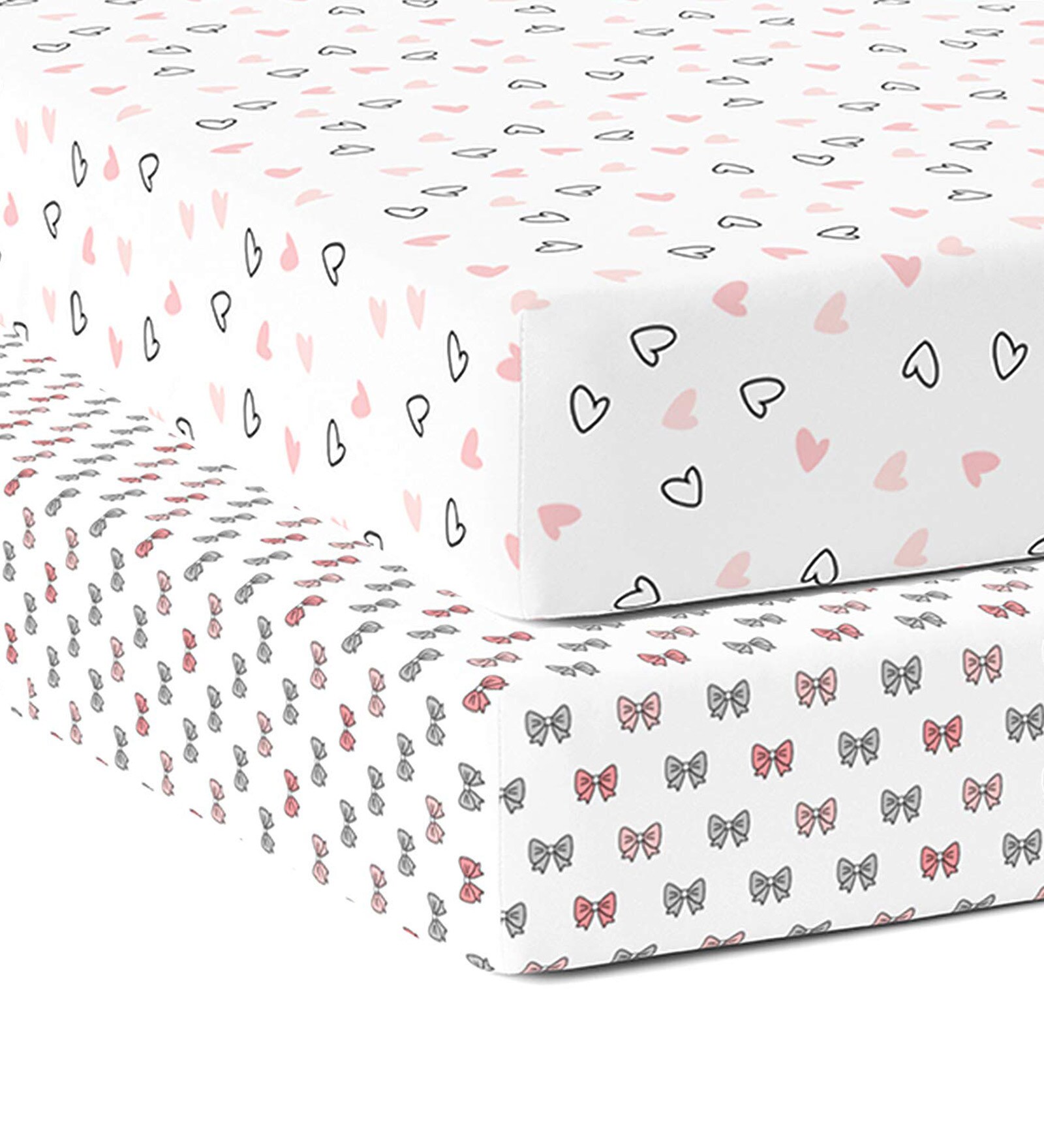 Pink Hearts & Bows 52 x 28 in Organic Cotton Fitted Crib Sheet, Set of 2