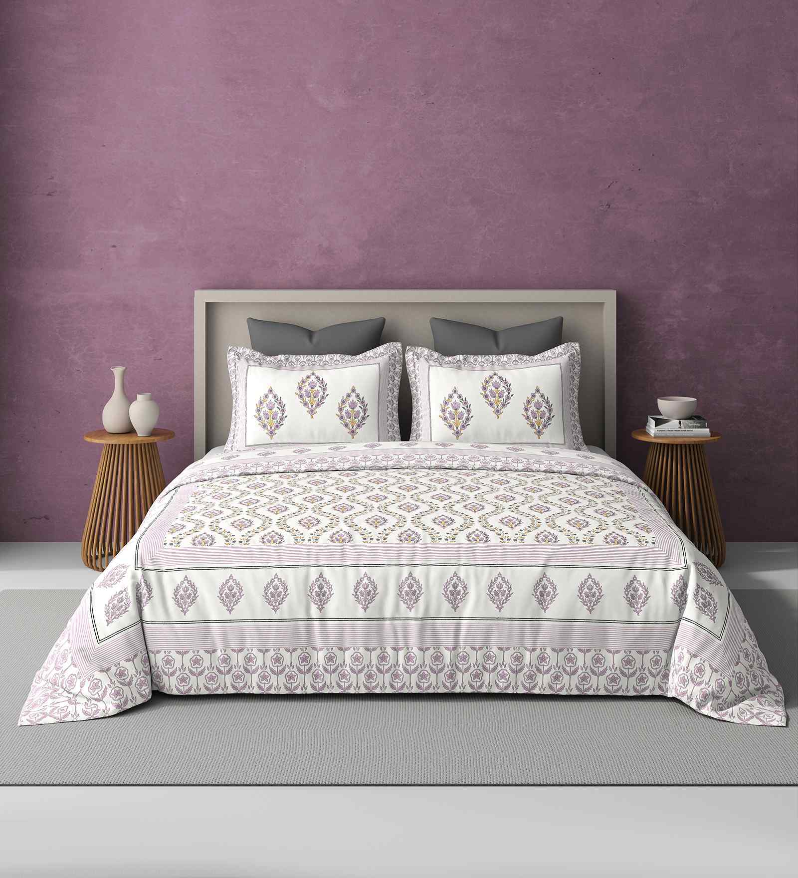 Pink Jaipuri Blockprint 250 TC Pure Cotton King Sized Double Bedsheet with 2 Pillow Covers