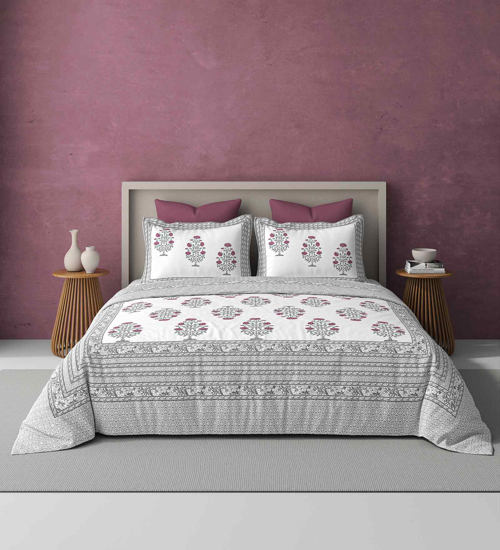 Pink Jaipuri Blockprint 250 TC Pure Cotton King Sized Double Bedsheet with 2 Pillow Covers