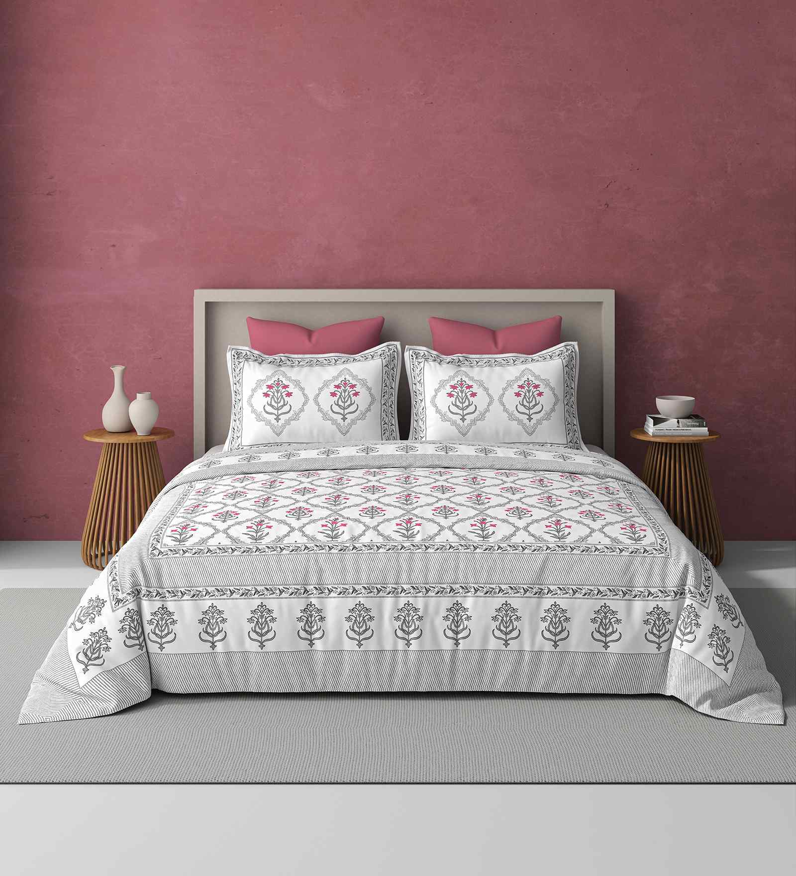 Pink Jaipuri Blockprint 250 TC Pure Cotton King Sized Double Bedsheet with 2 Pillow Covers