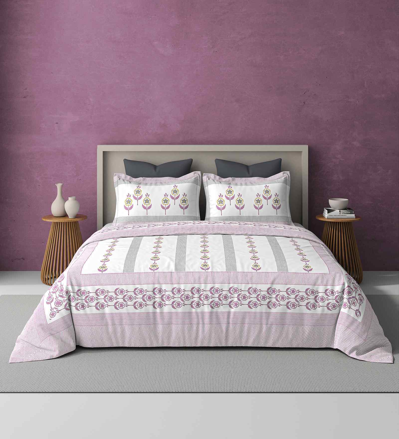 Pink Jaipuri Blockprint 250 TC Pure Cotton King Sized Double Bedsheet with 2 Pillow Covers