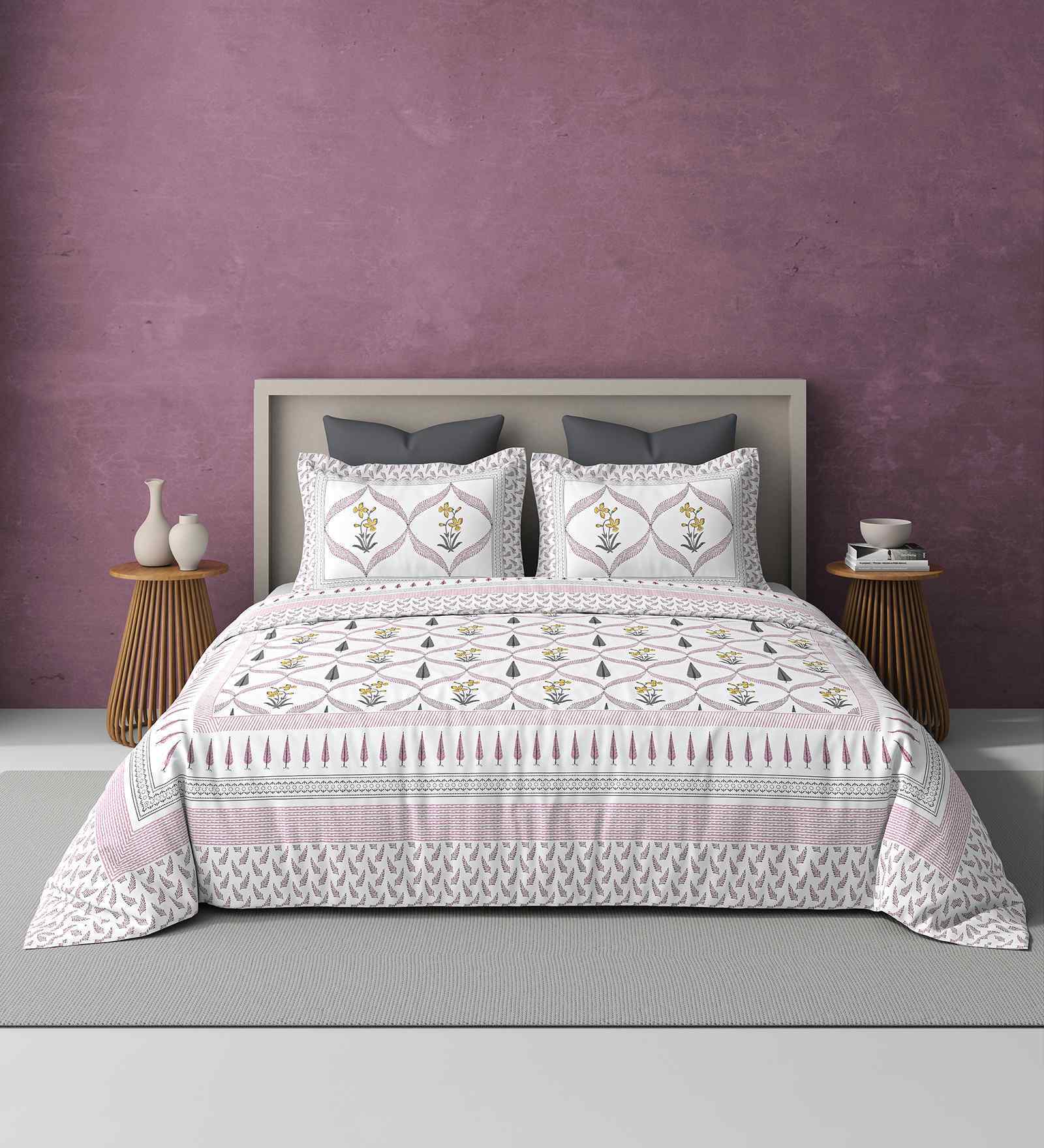 Pink Jaipuri Blockprint 250 TC Pure Cotton King Sized Double Bedsheet with 2 Pillow Covers