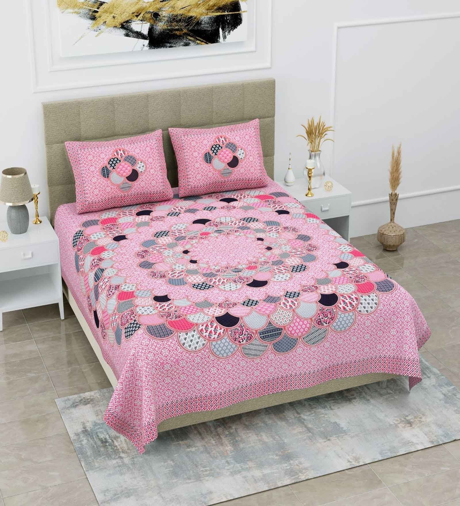 Pink Abstract 120 TC Cotton Queen Sized Bedsheet with 2 Pillow Cover