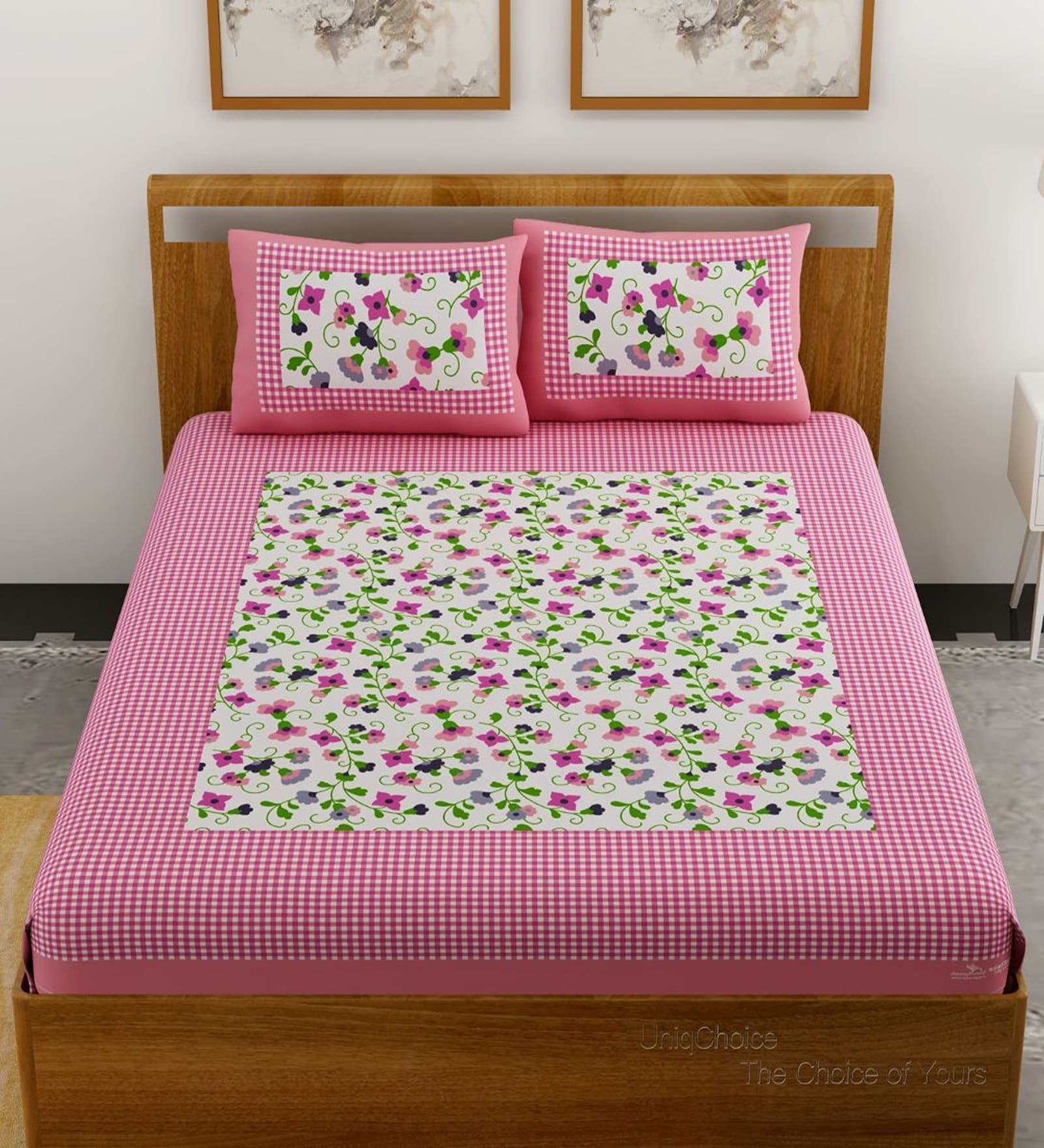 Pink Floral 120 TC Cotton Queen Sized Bedsheet with 2 Pillow Cover