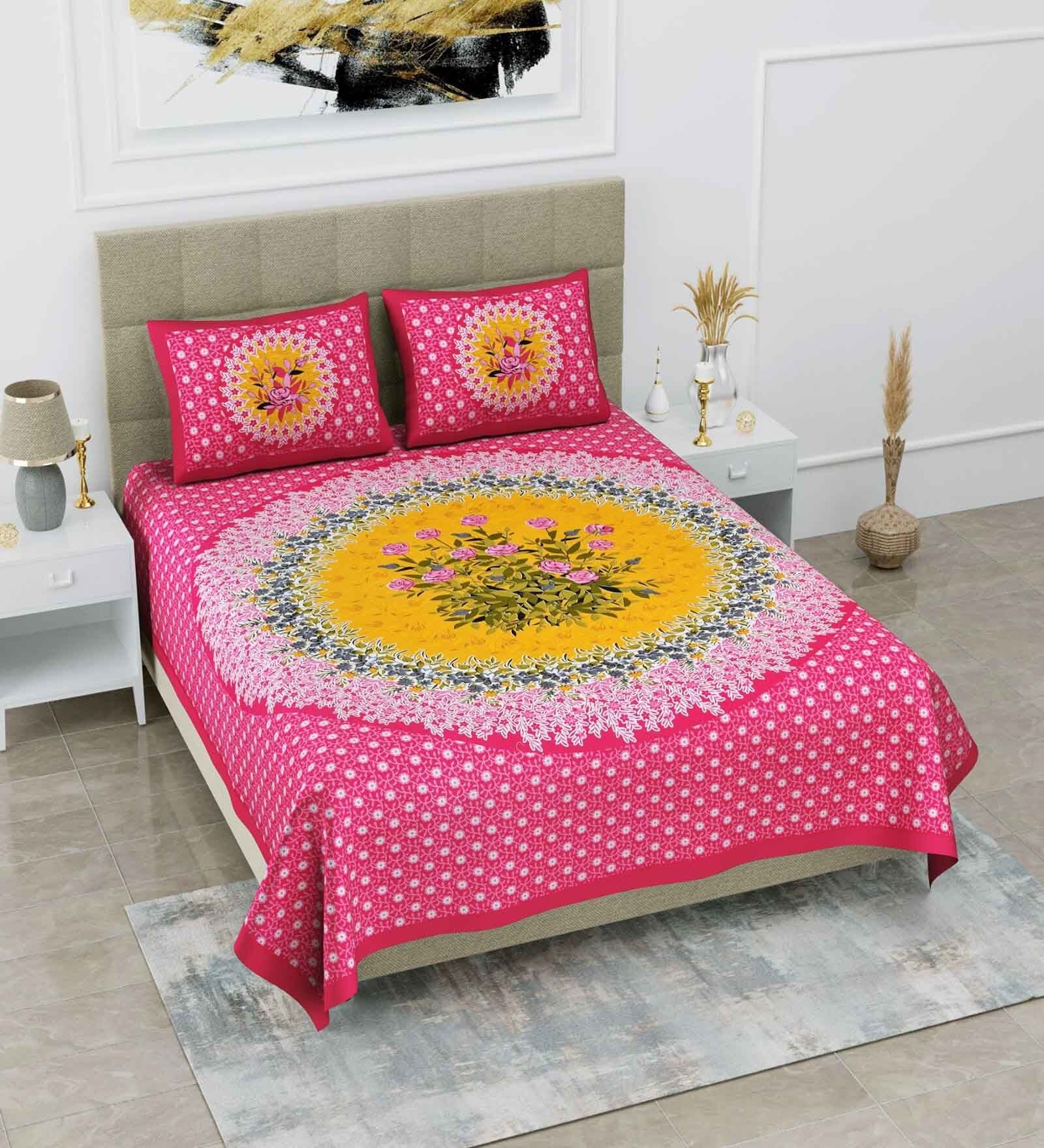 Pink Traditional 120 TC Cotton Queen Sized Bedsheet with 2 Pillow Cover