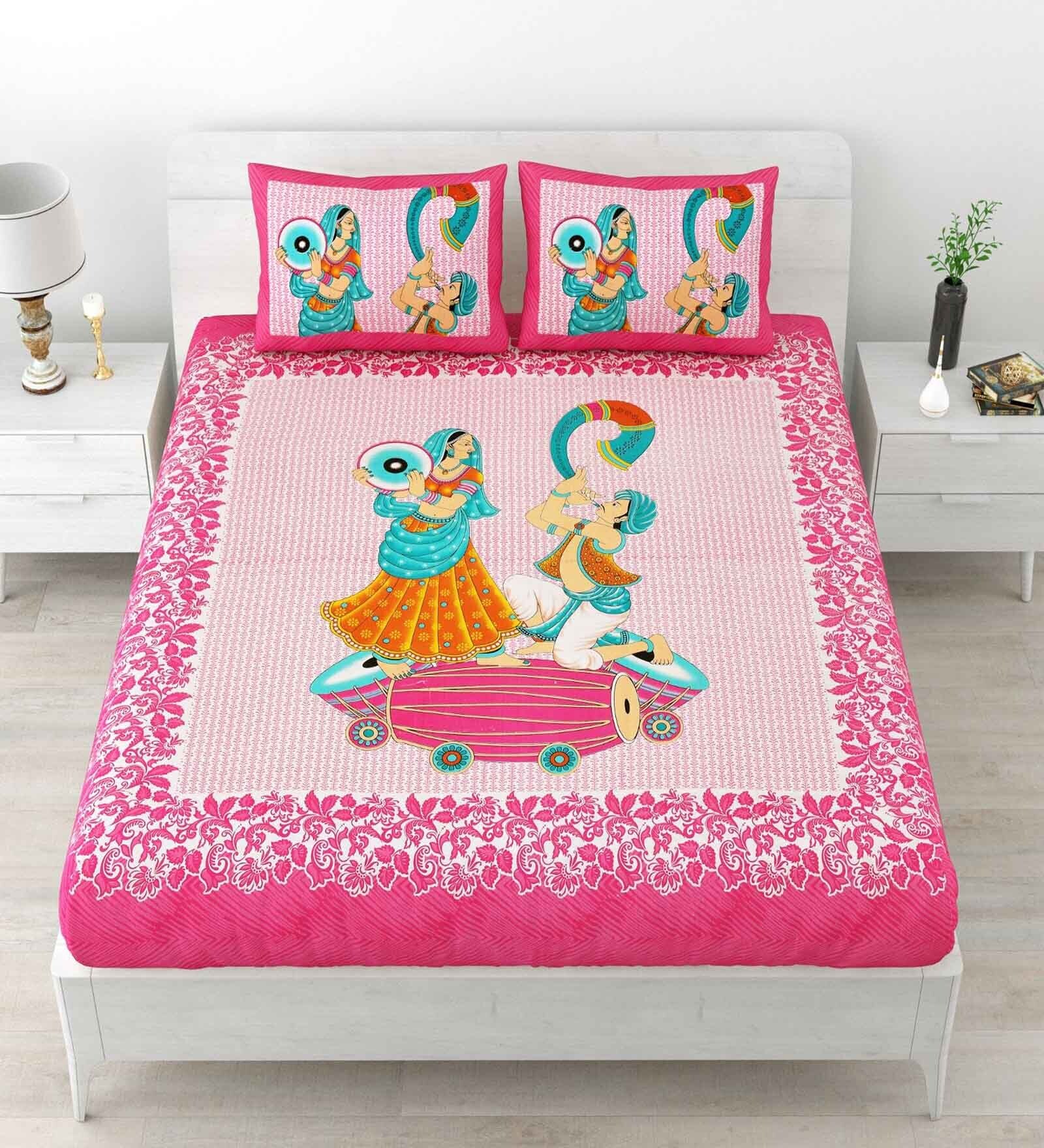 Pink Traditional 120 TC Cotton Queen Sized Bedsheet with 2 Pillow Cover