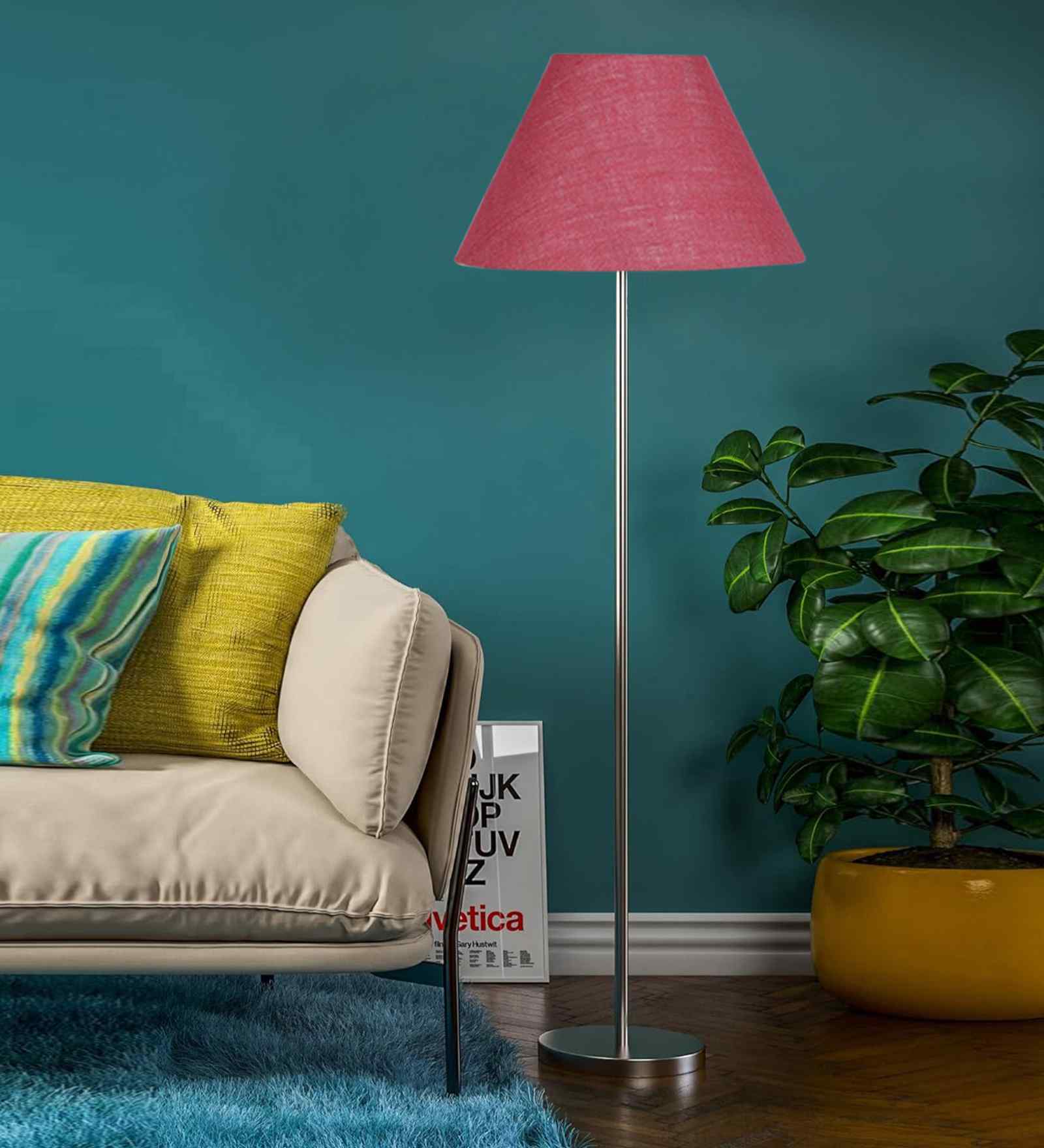 Pink Jute Conical Shade Steel Floor Lamp Steel Base