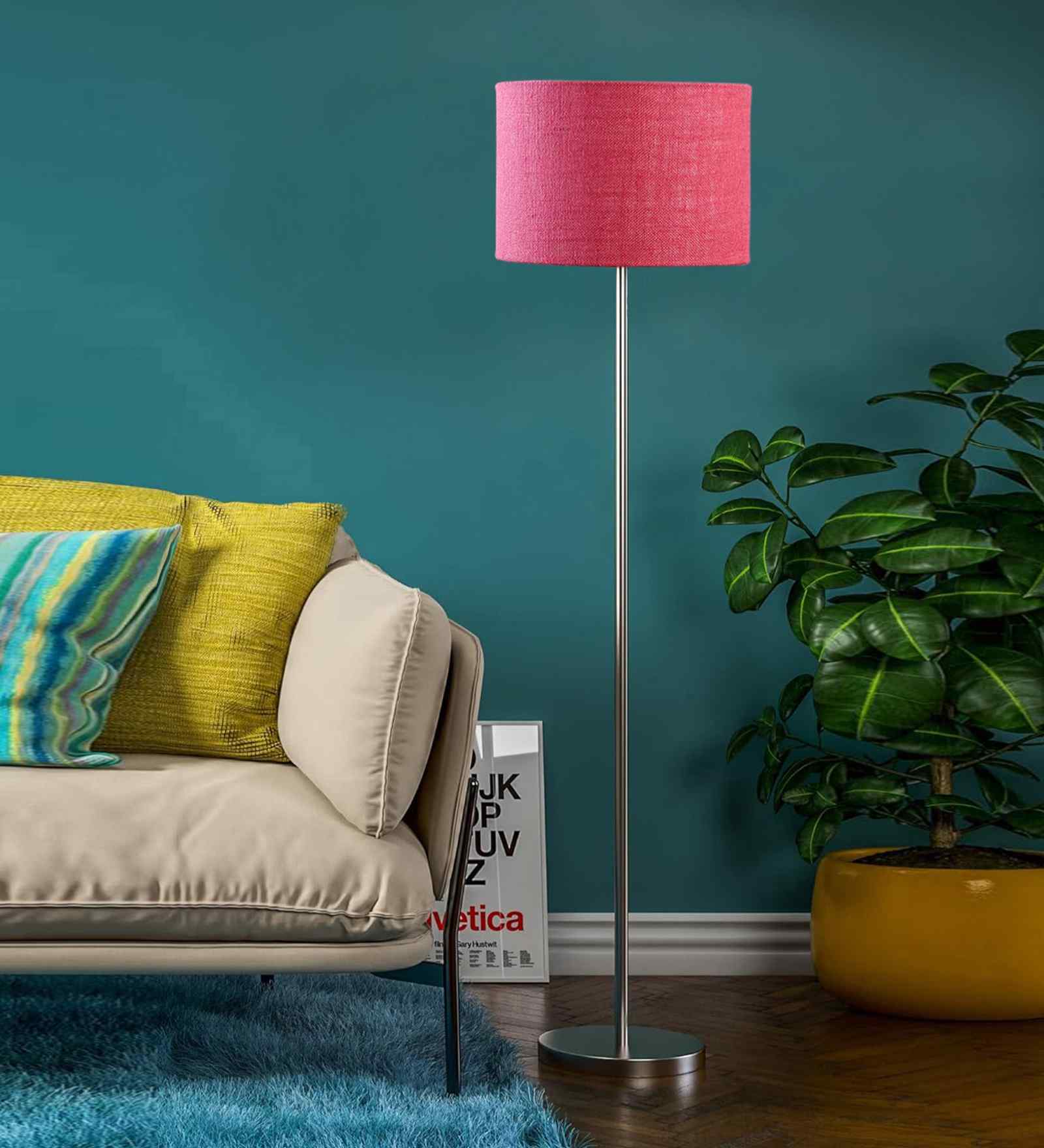 Pink Jute Drum Shade Steel Floor Lamp Steel Base