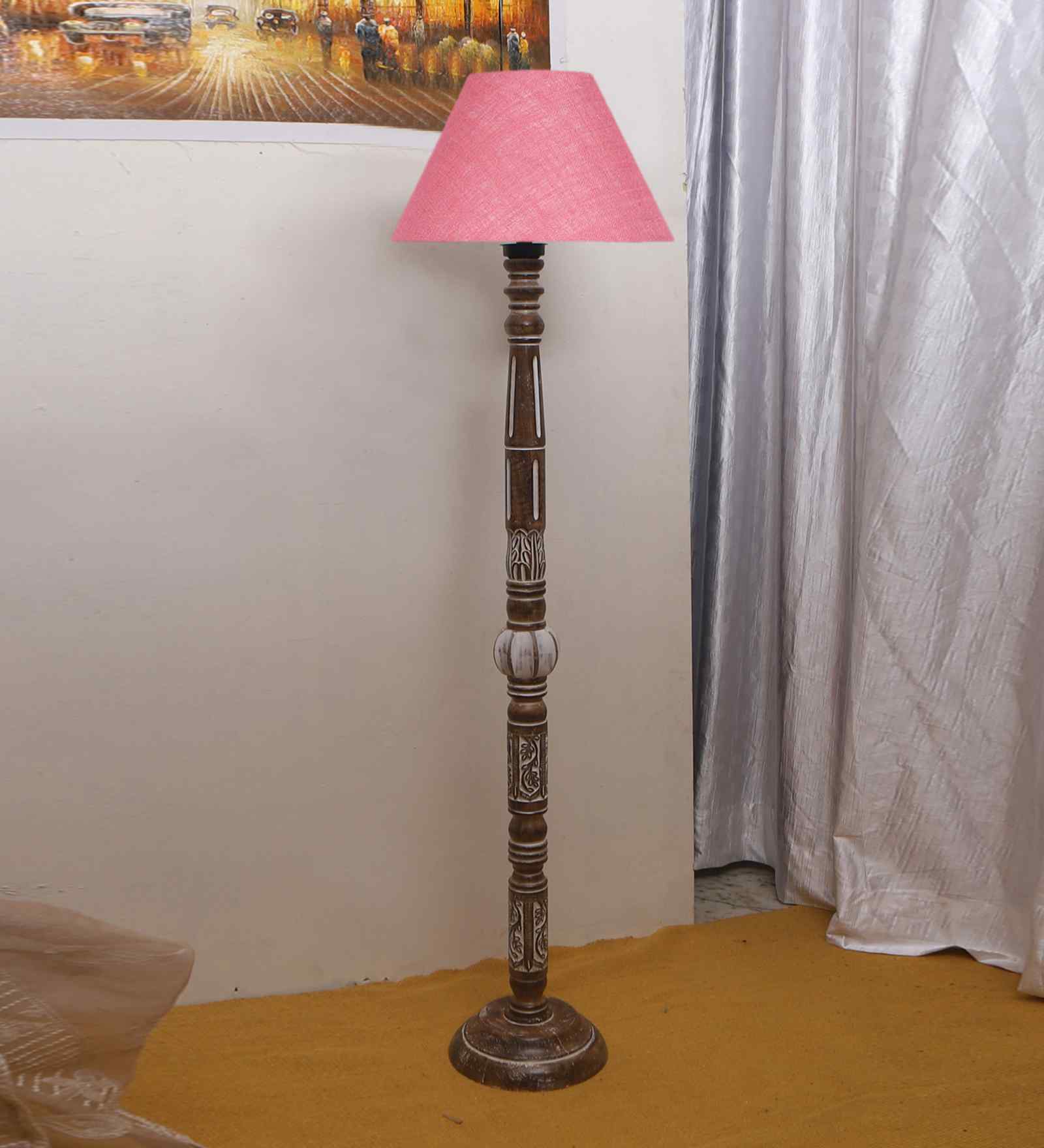 Pink Jute Conical Wooden Floor Lamp
