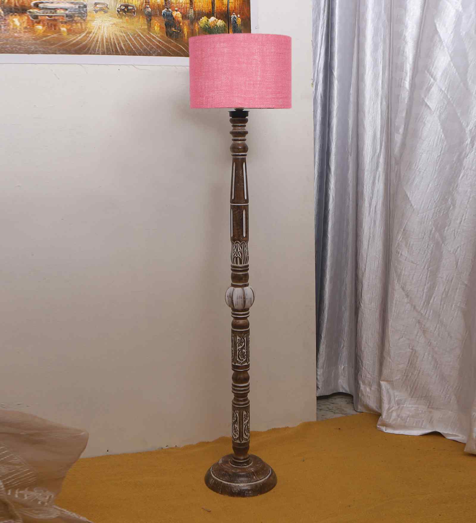 Pink Jute Drum Wooden Floor Lamp