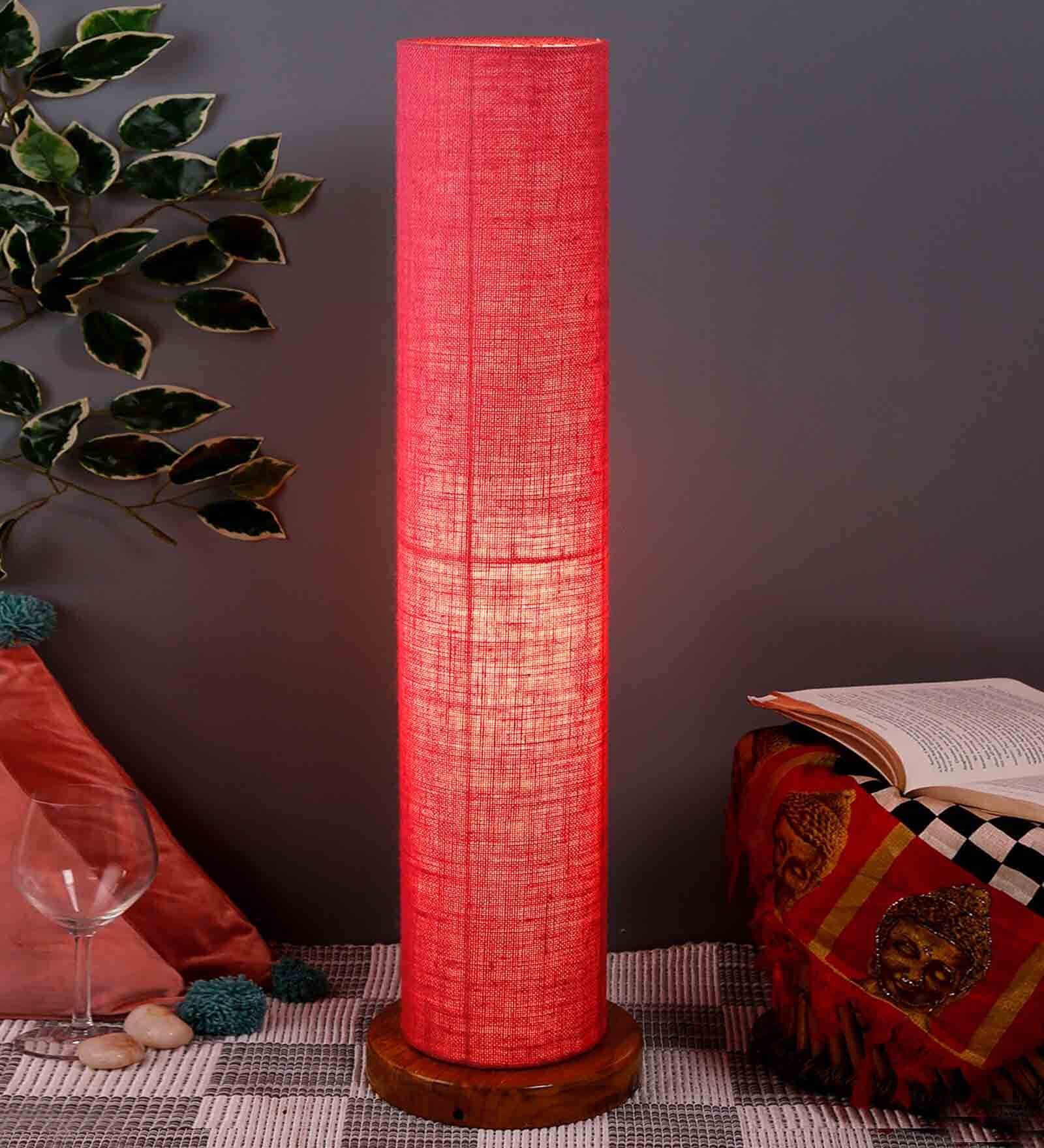 Pink Jute Parchment Shade Column Floor Lamp With Wood Base
