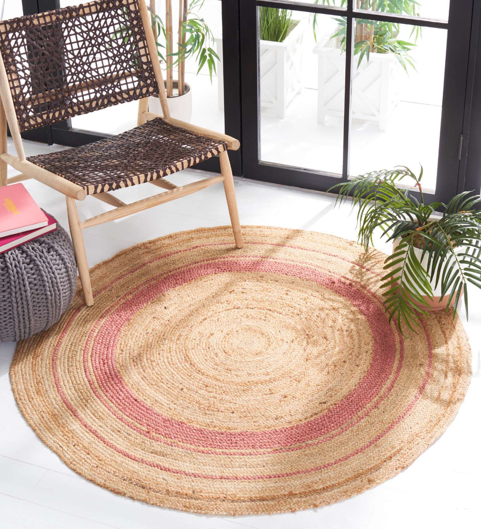 Pink Jute Solid 60 x 60 Inches Hand Woven Round Carpet
