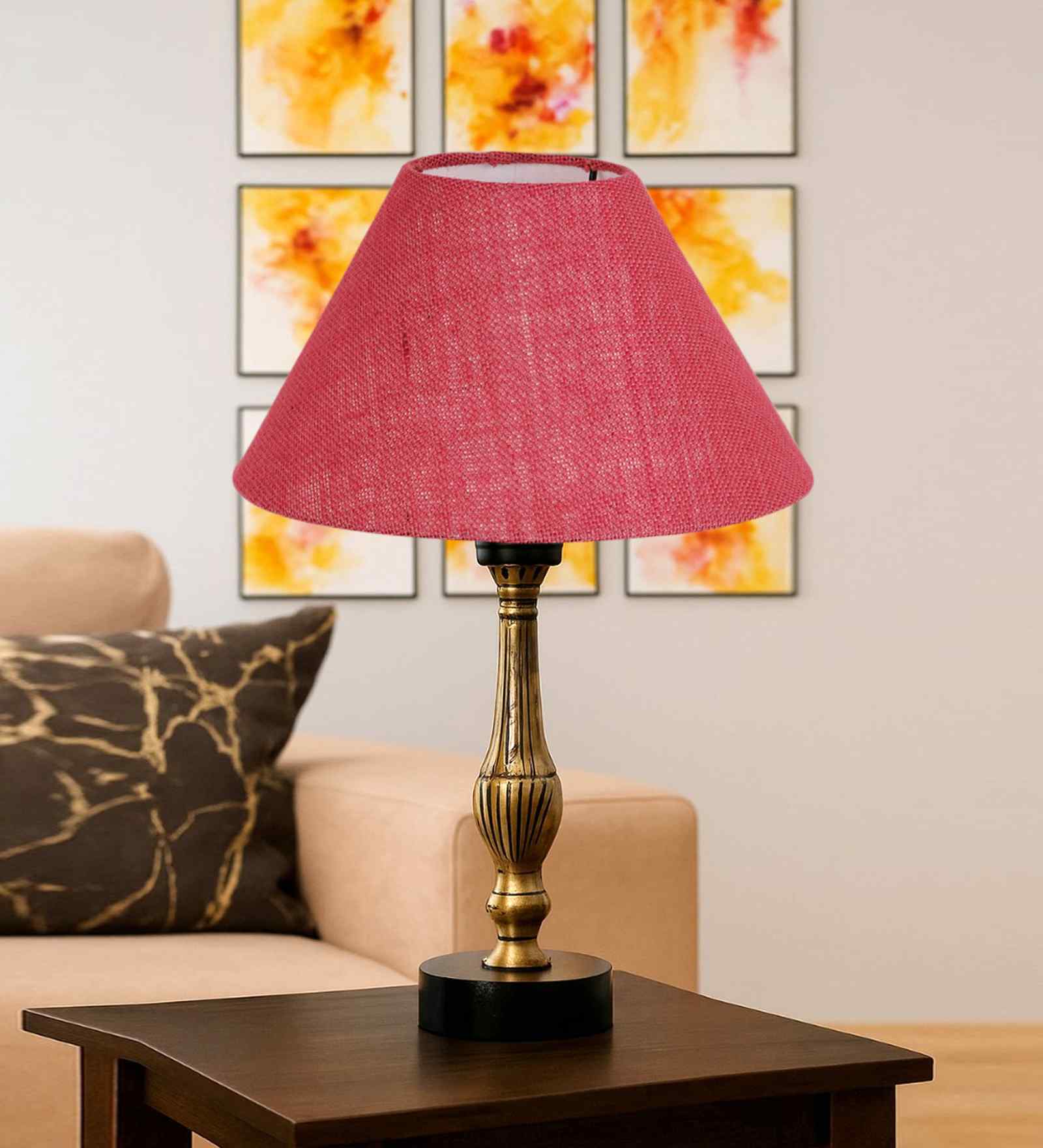 Pink Jute Table Lamp With  Metal & Wood  Base 10X15 Inches