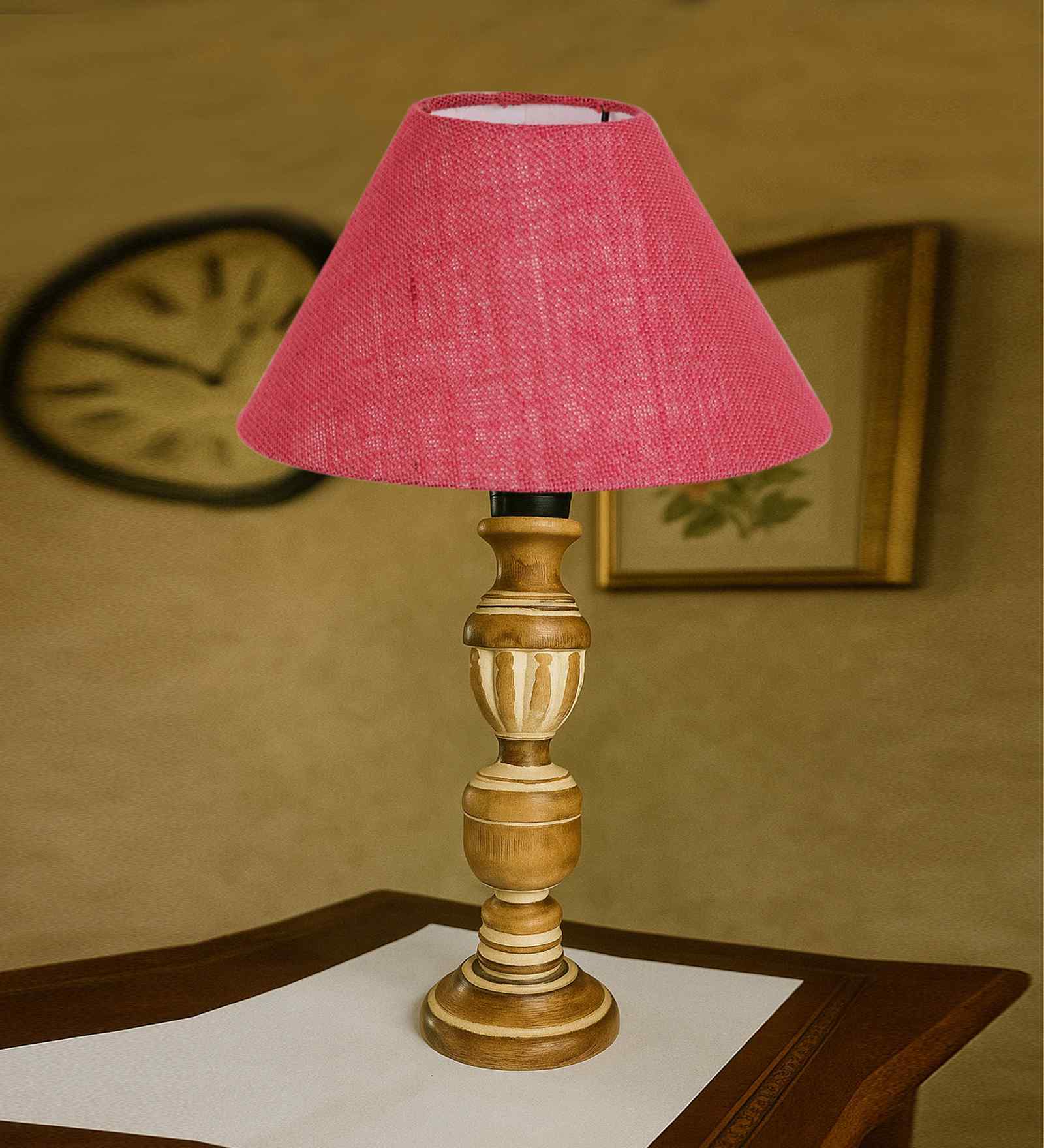 Pink Jute Table Lamp With  Wood  Base 10X19 Inches