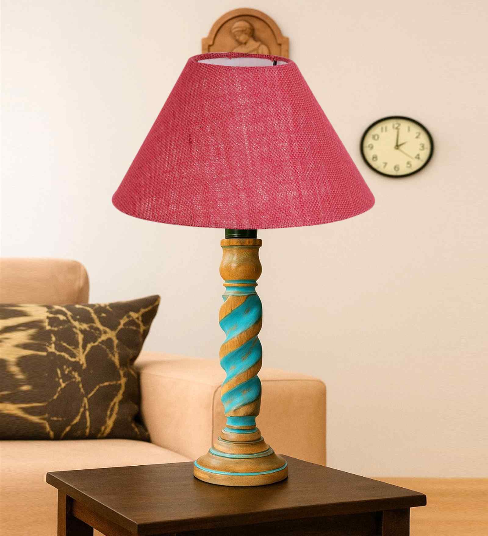 Pink Jute Table Lamp With  Wood  Base 10X19 Inches