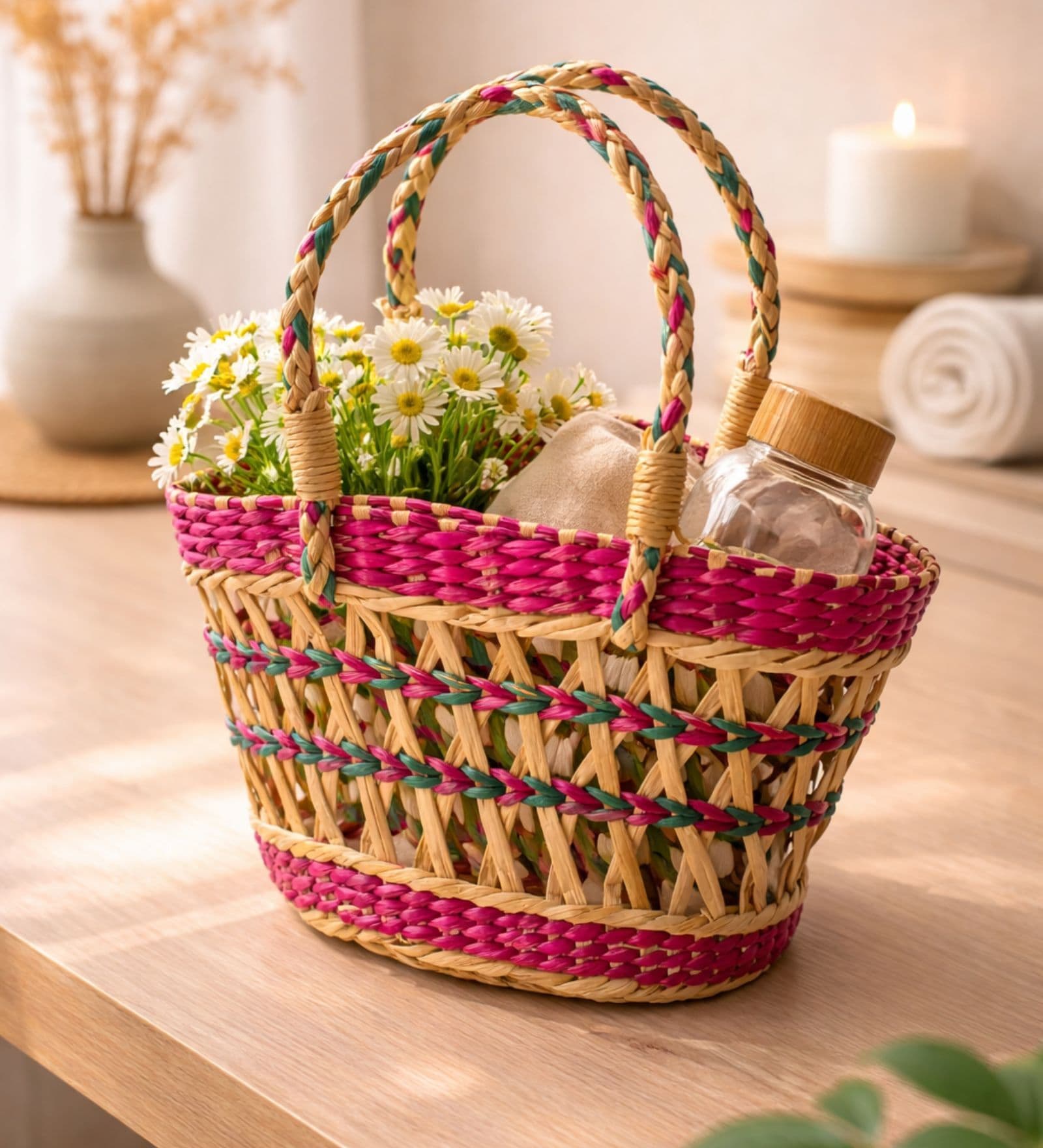 Pink Kauna Grass  Hand Weaved Hand Held Basket