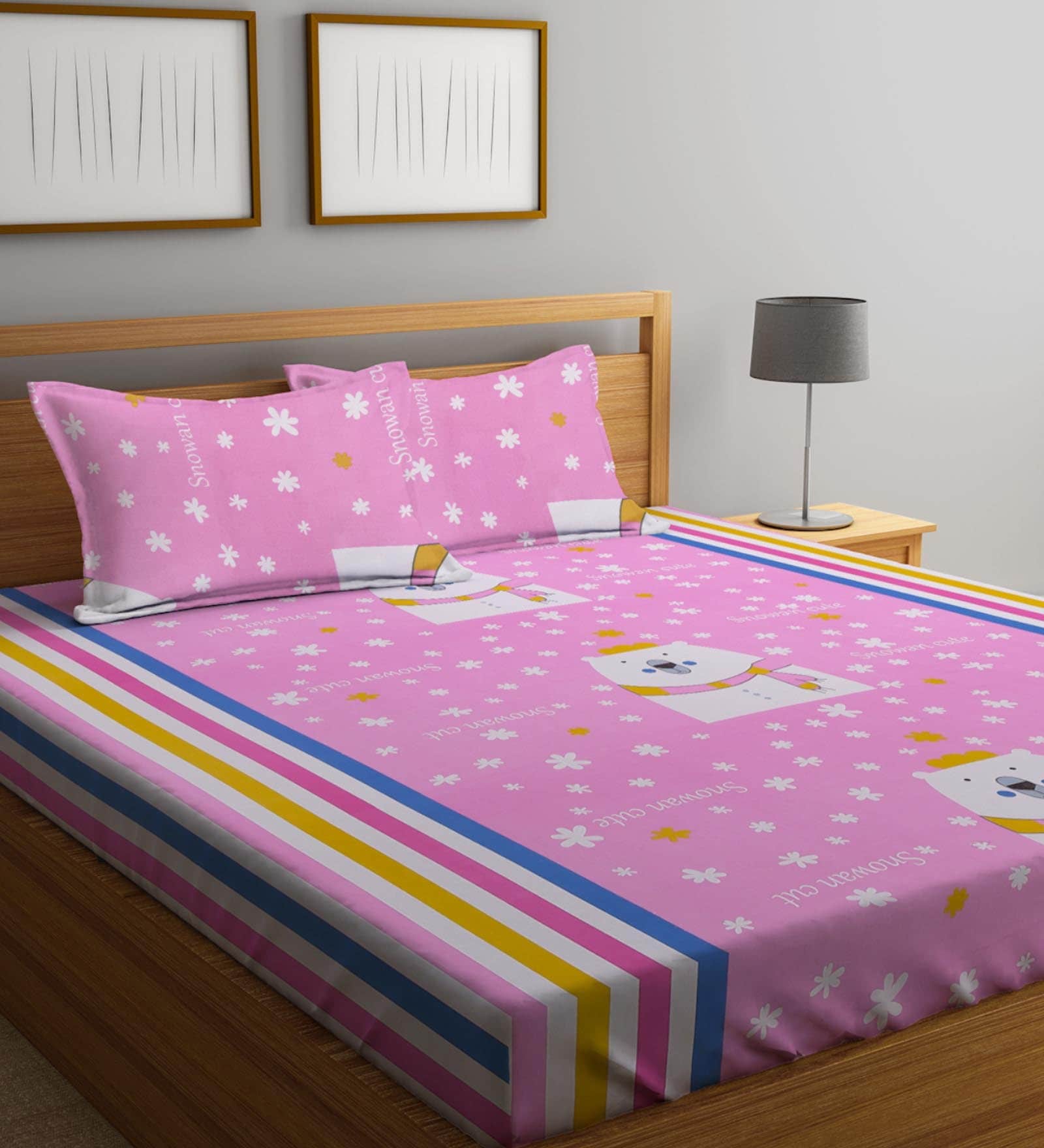 Pink Characters 300 TC Cotton Double Size Bedsheet With 2 Pillow Covers