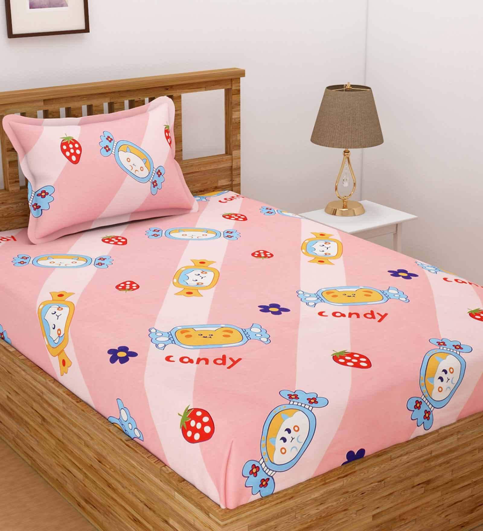 Buy Pink Kids TC 160 Poly Cotton Kids Bed Sheet With 2 Pillow Covers by