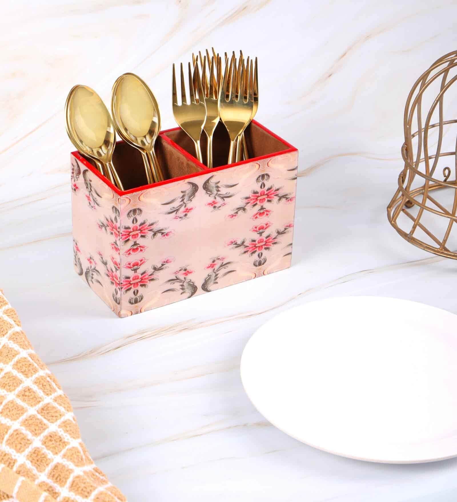 Pink Mdf Wood Square 1 Pcs Cutlery Holder