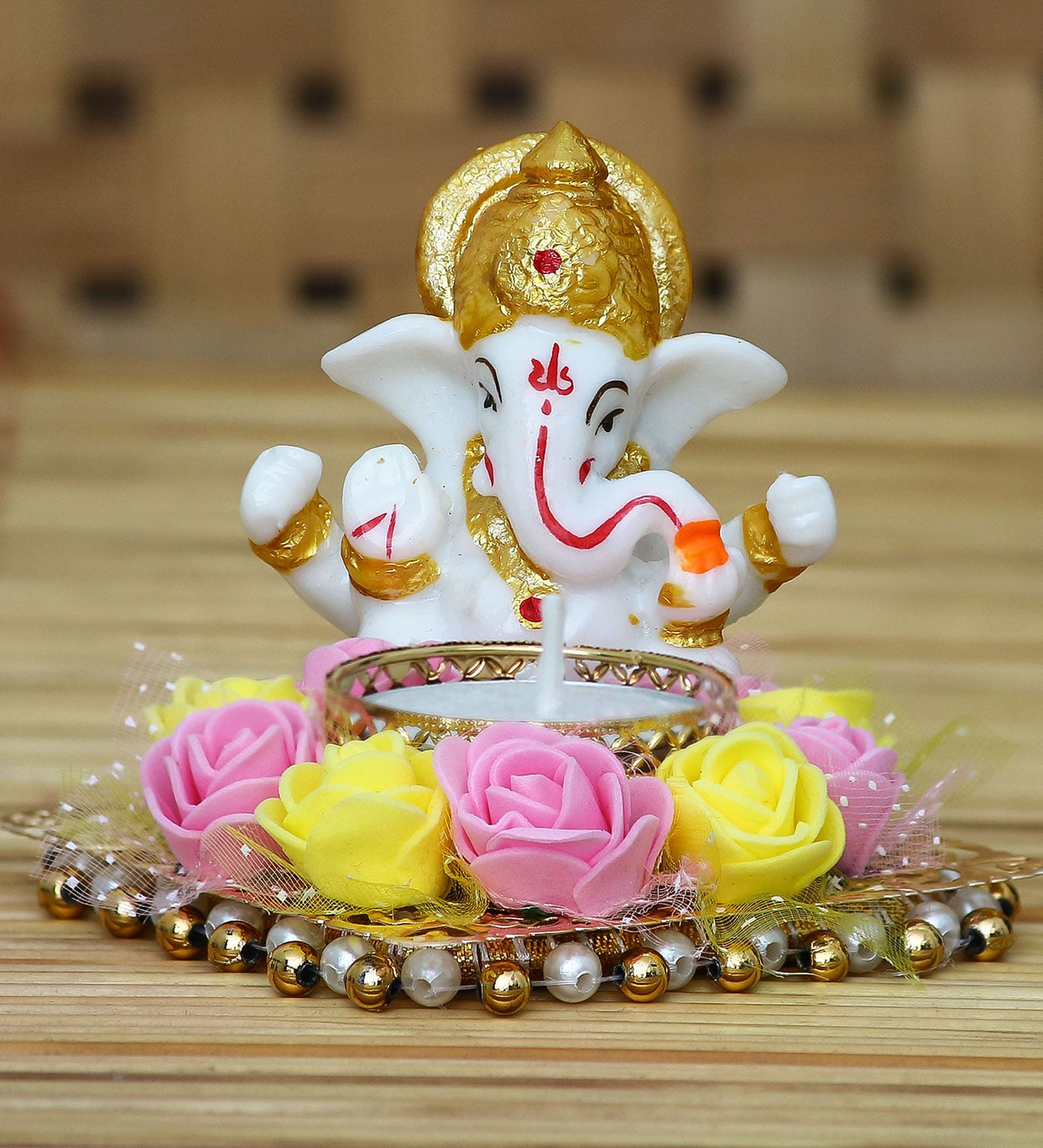 Pink Metal Lord Ganesha Idol on Decorative Plate with Tea Light Holder