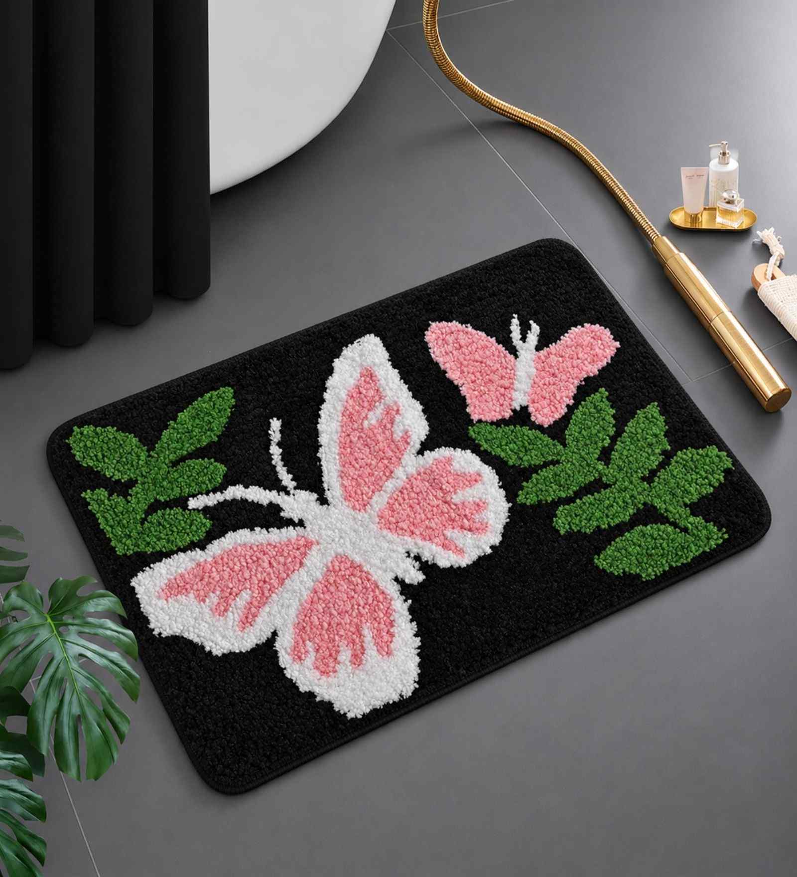 Pink Butterfly Microfibre 24X16 Inches Anti-Skid Bath Mat