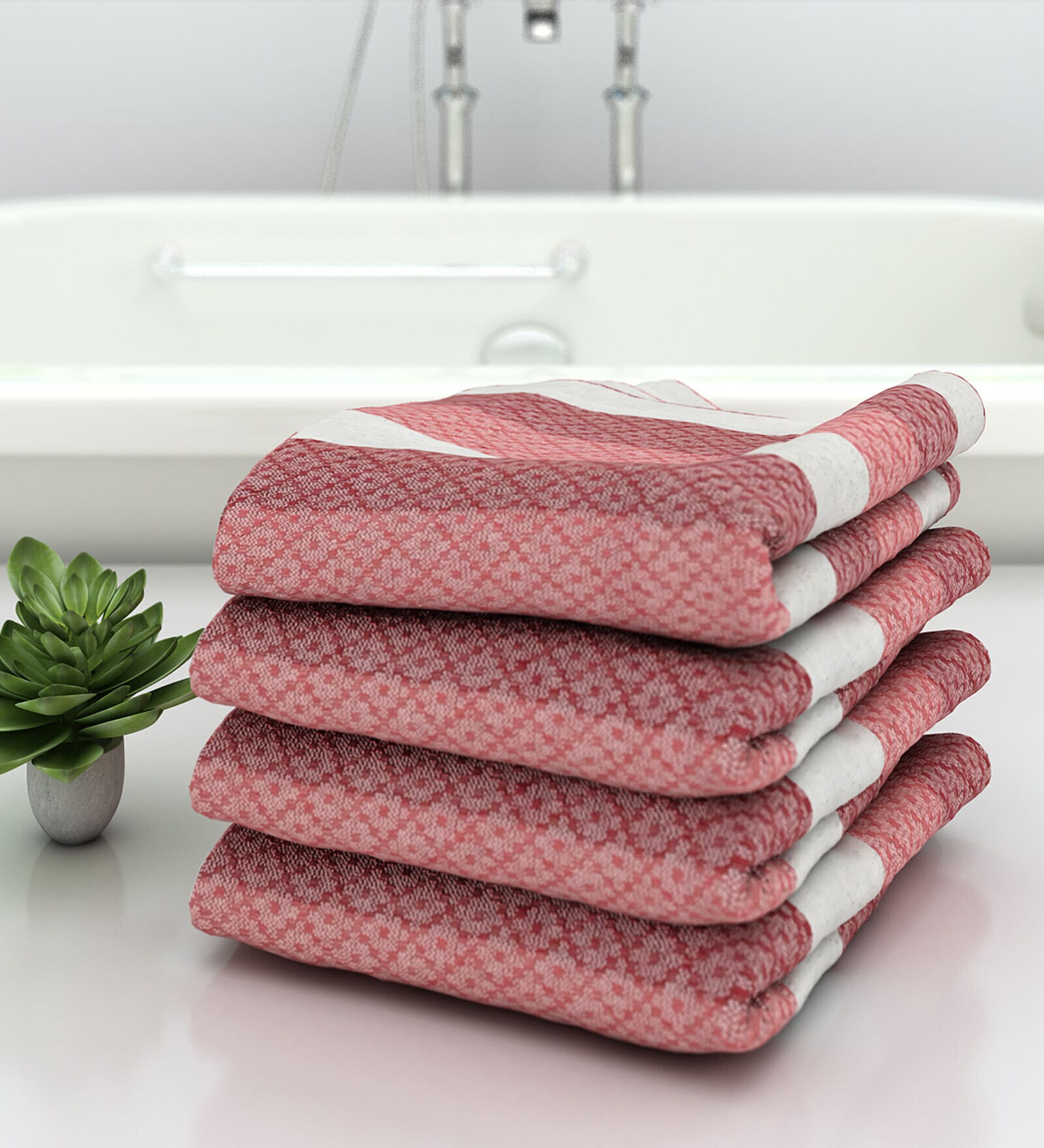 Pink Modern Checks 210 GSM 100% Cotton Bath Towel (Set of 4)