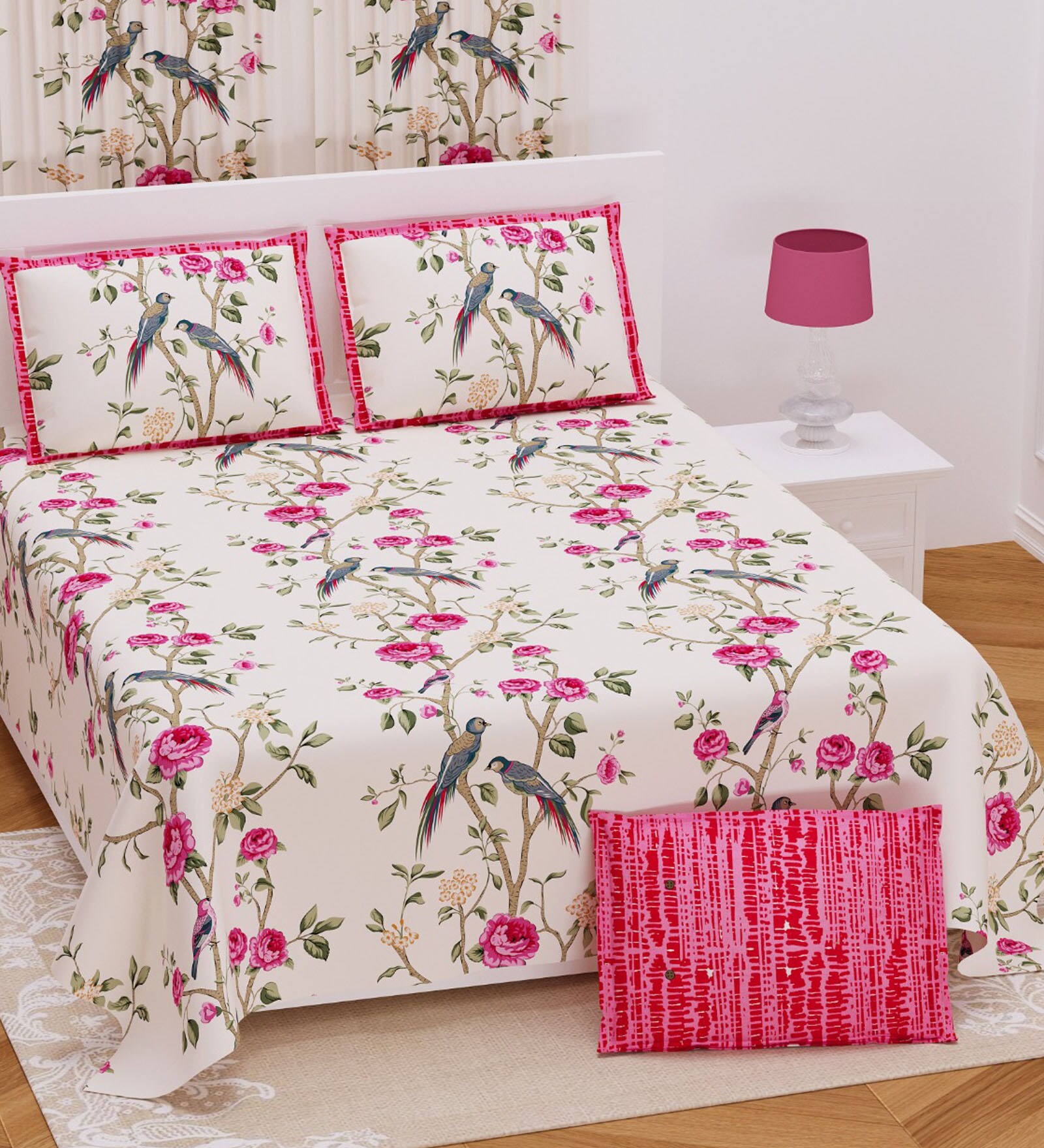 Pink Floral 210 TC Cotton King Sized Bed Sheets with 2 Pillow Covers