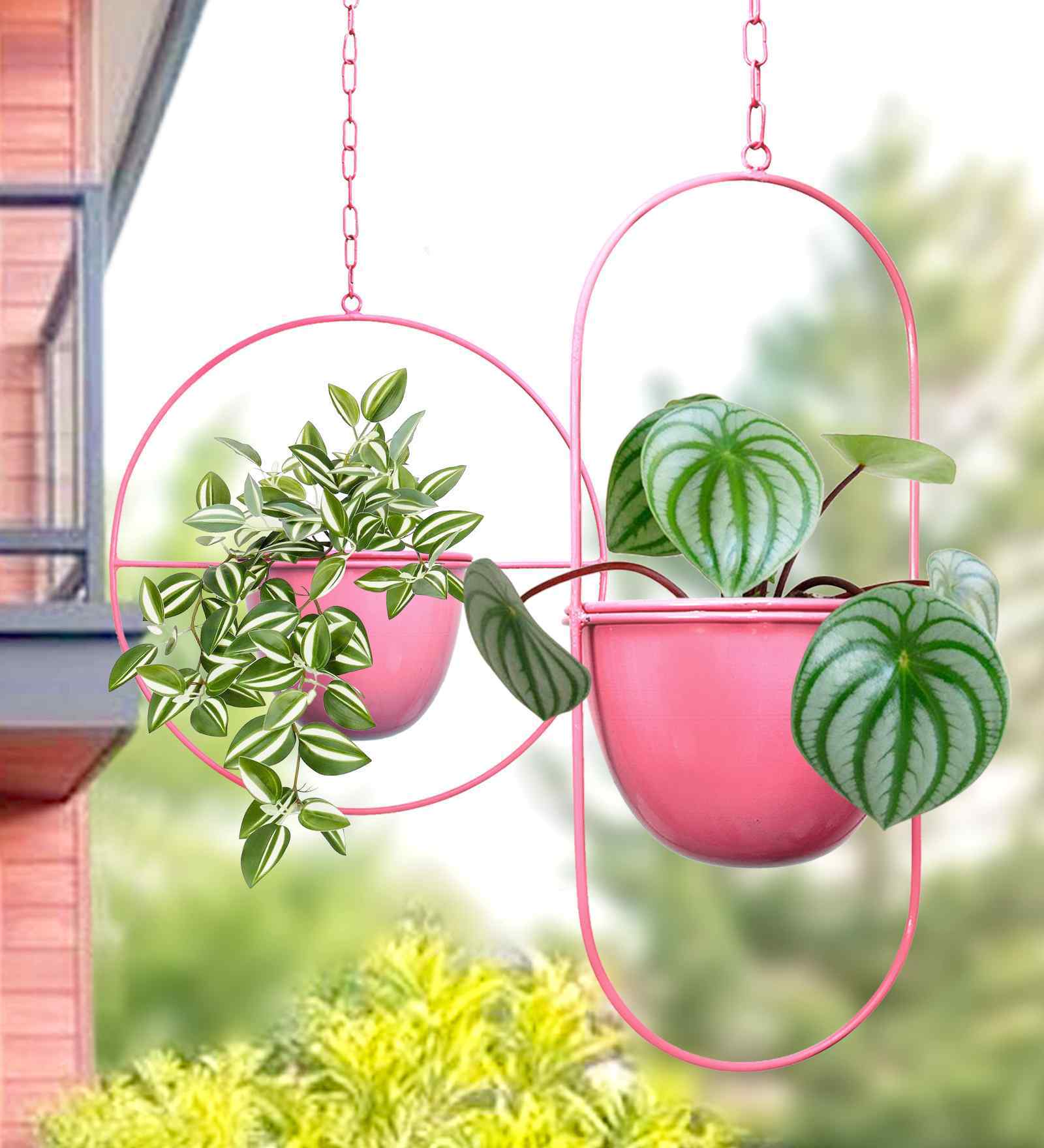 Set Of 2 Pink Hanging Metal Plant Stand