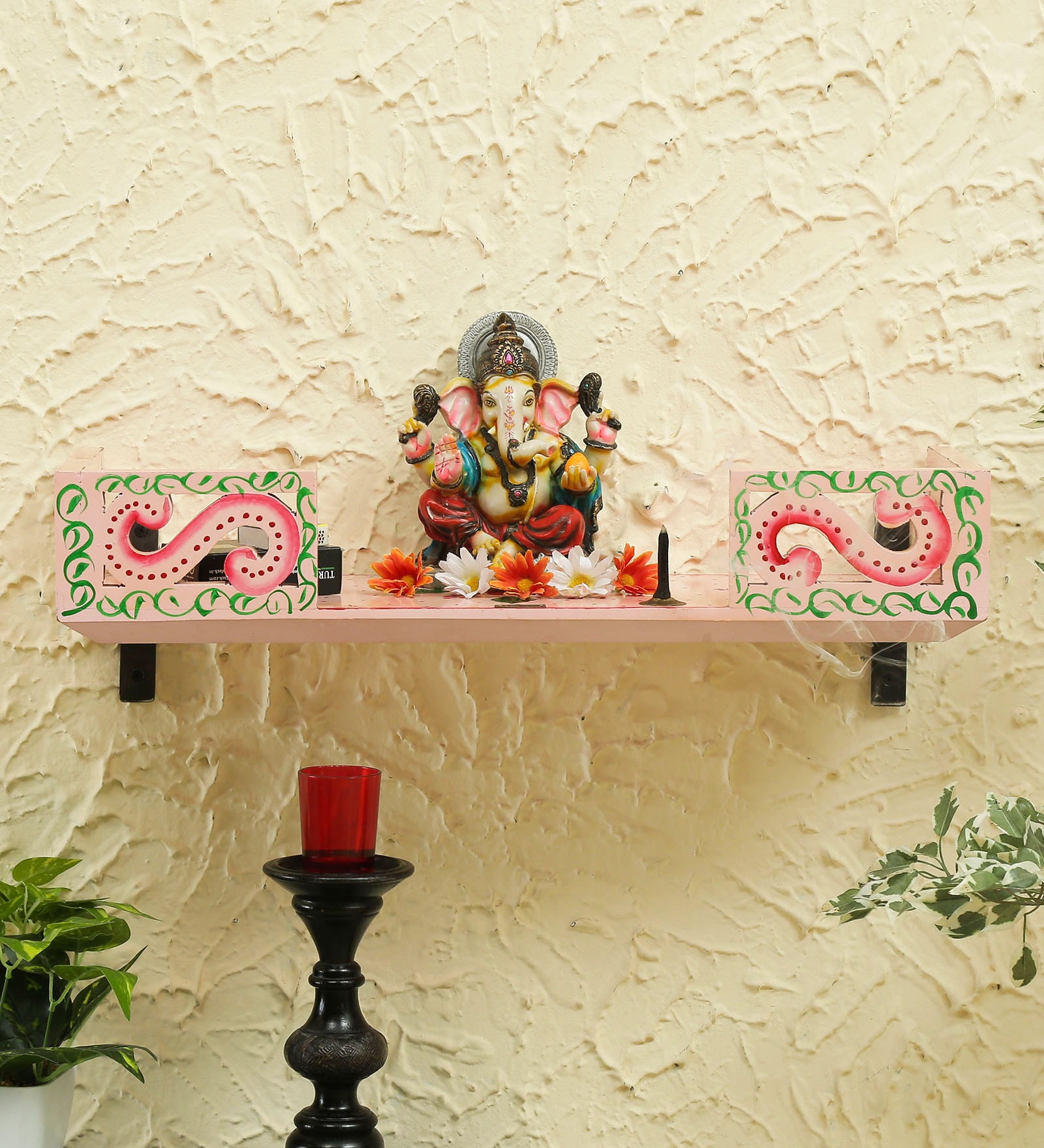 Pink Pine Wood Pooja Mandir Without Door