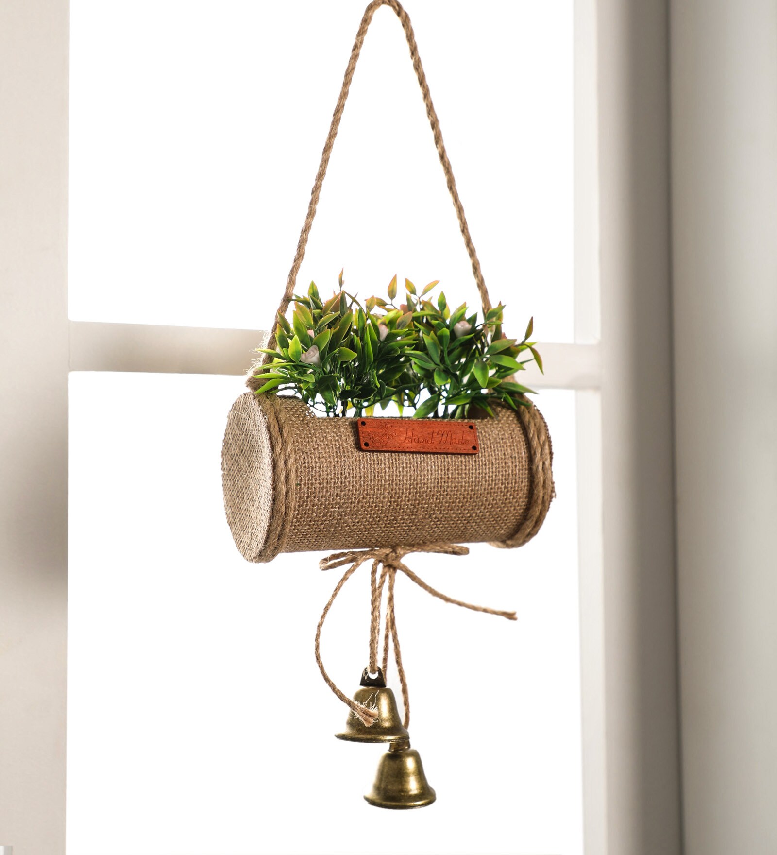 Plastic Pink Bonsai In Jute Duffle With Bells Artificial Plants