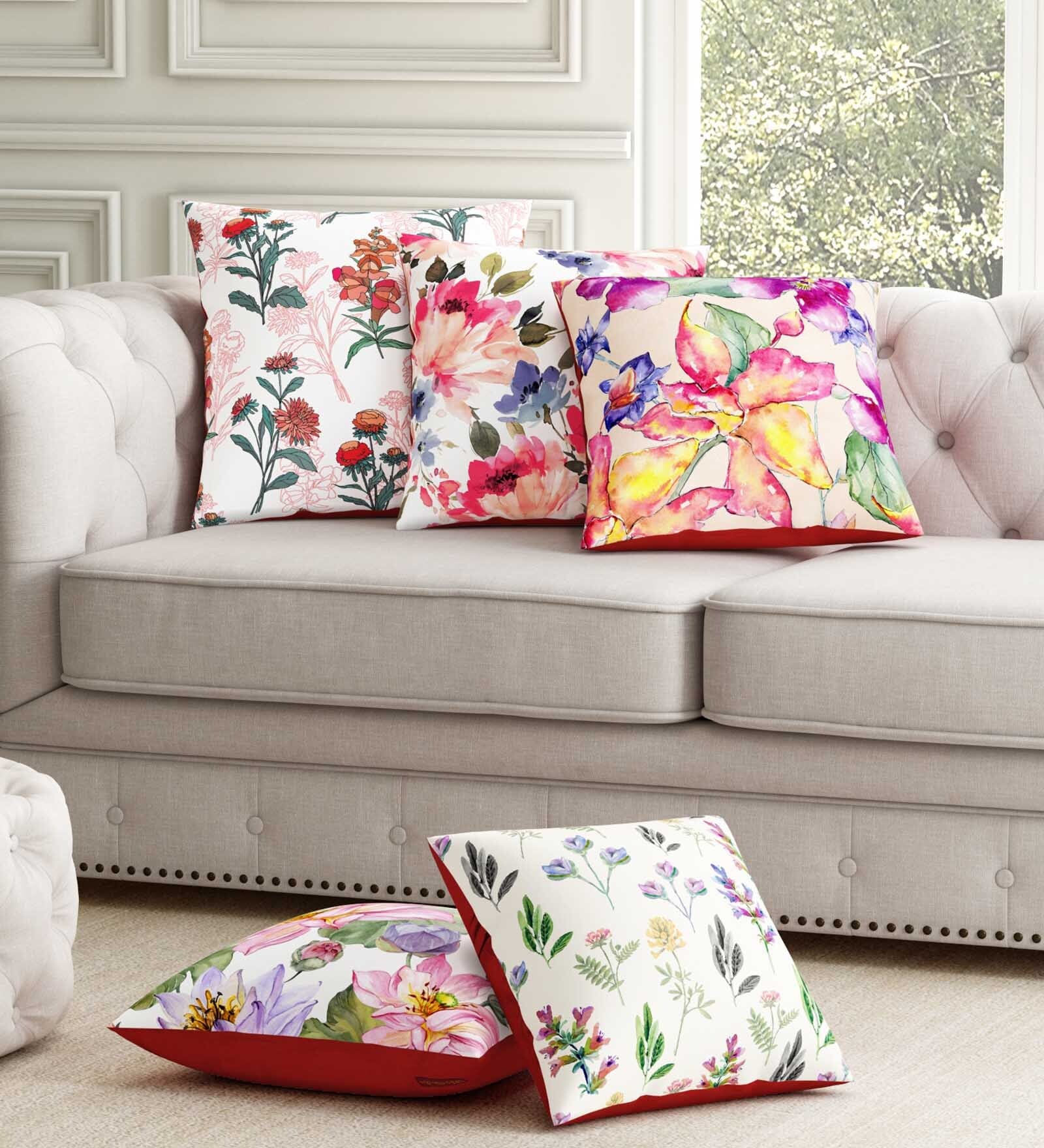 Multicolor Floral Poly Cotton 12 x 12 Inches Cushion Covers (Set of 5)